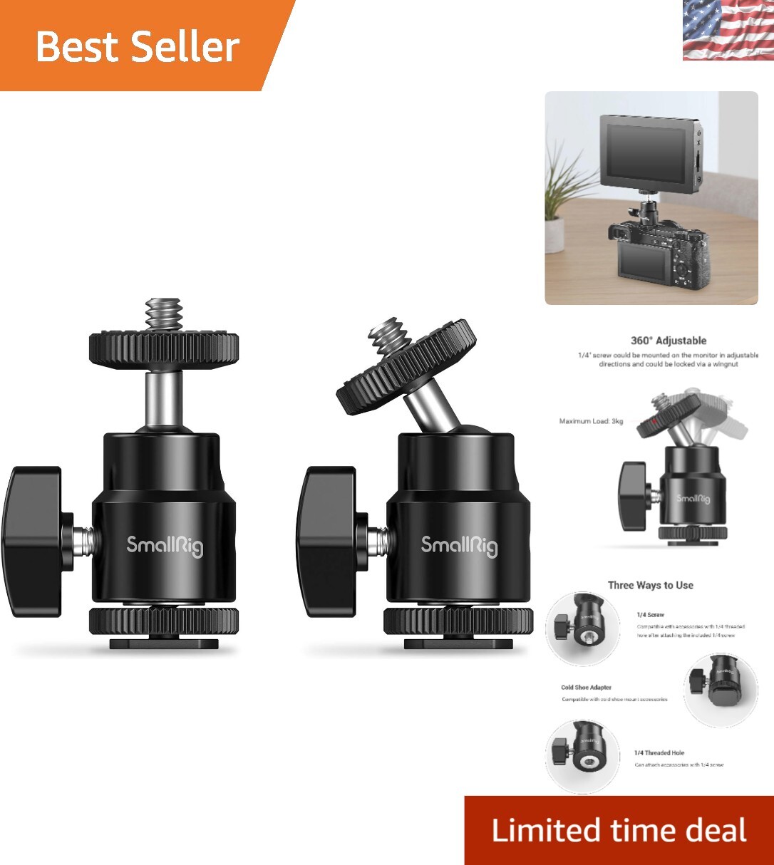 Pack of 2 Adjustable Ballhead Camera Mounts with Cold Shoe Adapter Compatibility