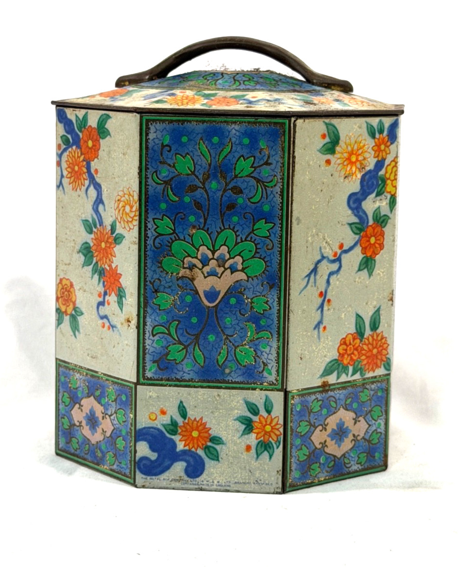 Vintage Octagonal Metal Box Co Mansfield England Biscuit Tin Floral Chinoiserie