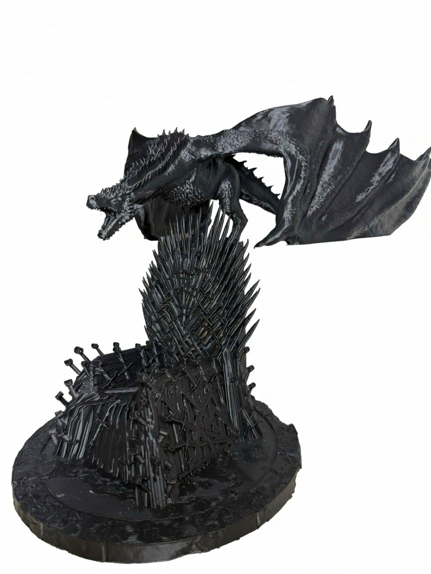 Fantasy Black Dragon on Iron Throne Style Base Statue Figure