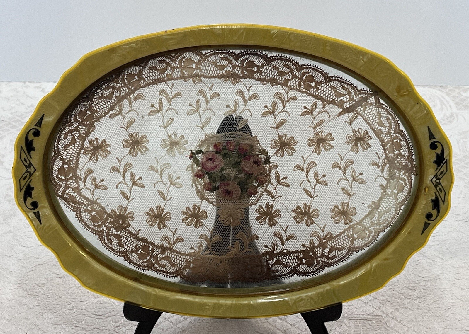 Vintage Gold Pearlized Scroll Celluloid & Embroided Flowers Vanity Tray 11" Oval