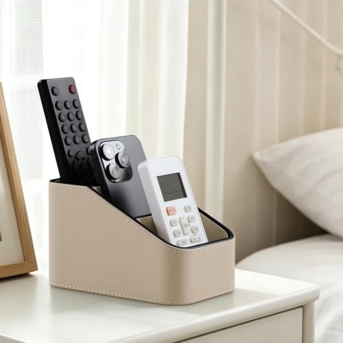 3 Compartments PU Leather Remote Control Holder, TV Remote Holder | Small Beige