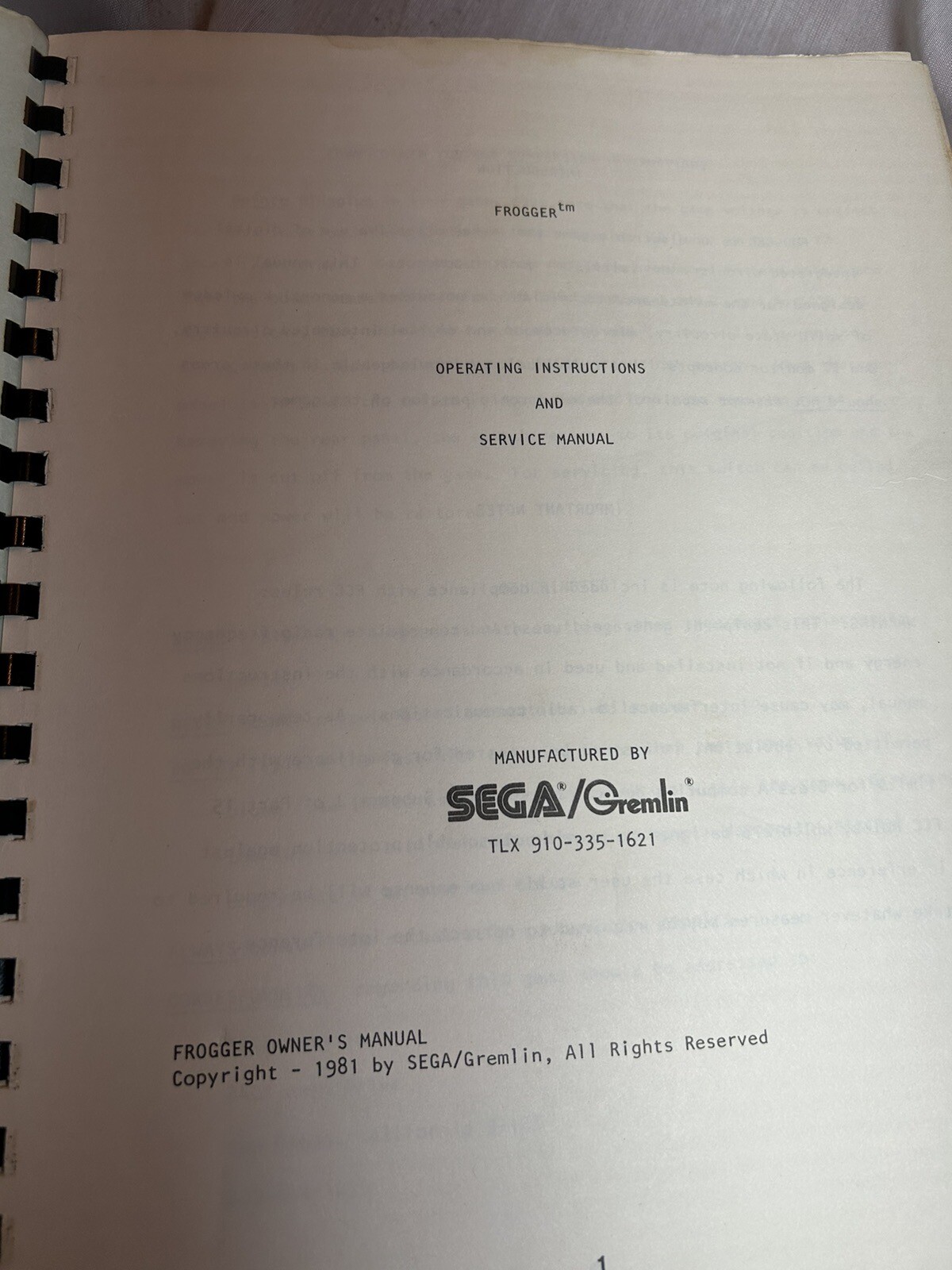 Sega Frogger Arcade Manual Original 1981