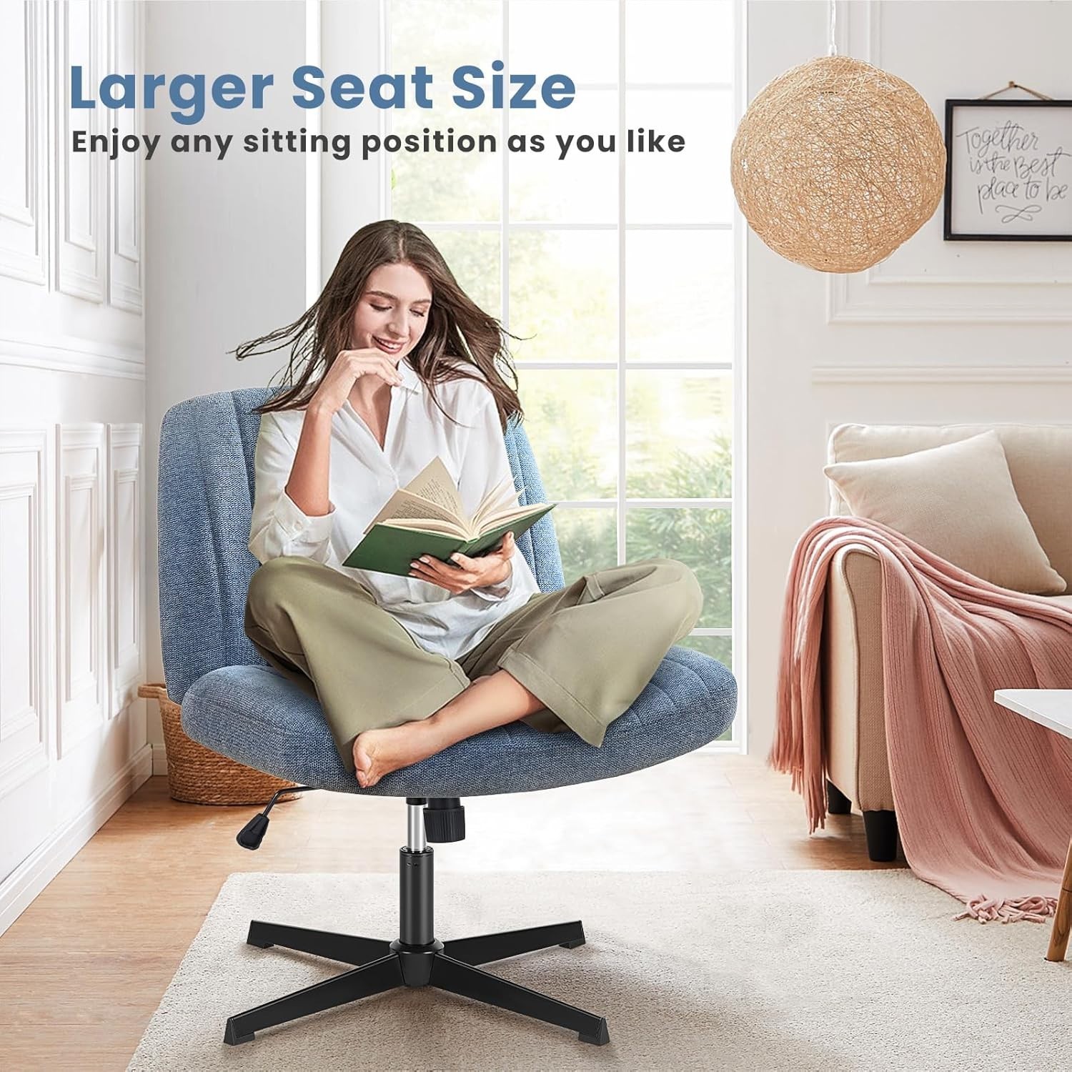 DUMOS Criss Cross Legged Chair Wide Comfy Home Office Desk Seat, No Wheels