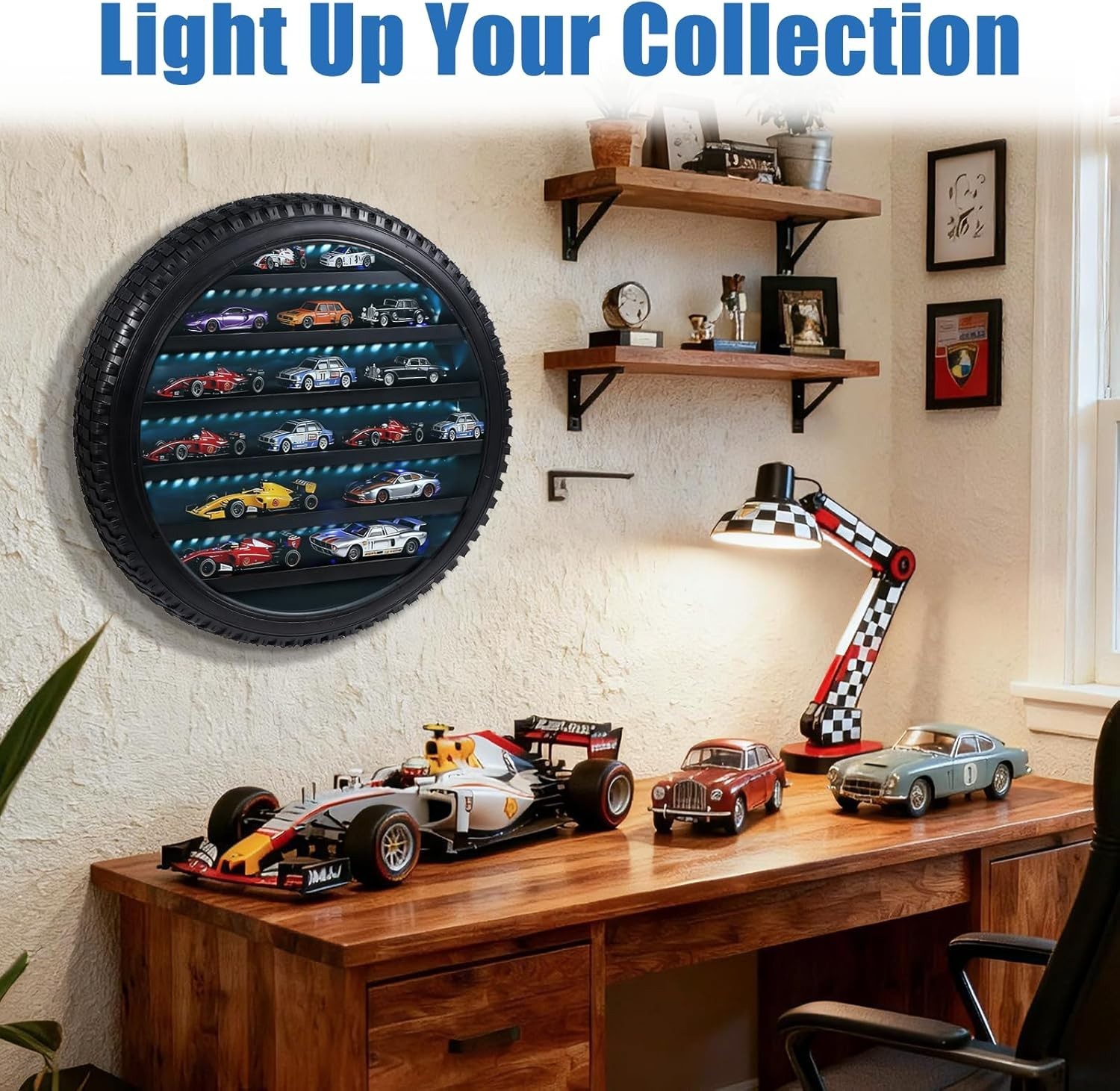 Car Display Case Tire LED Light Matchbox Hot 1/64 Model Diecast Wheels Cabinet