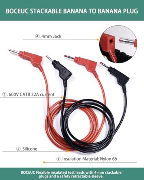 Multimeter Test Leads 4mm Stackable Banana to Banana Plug with Multicolored