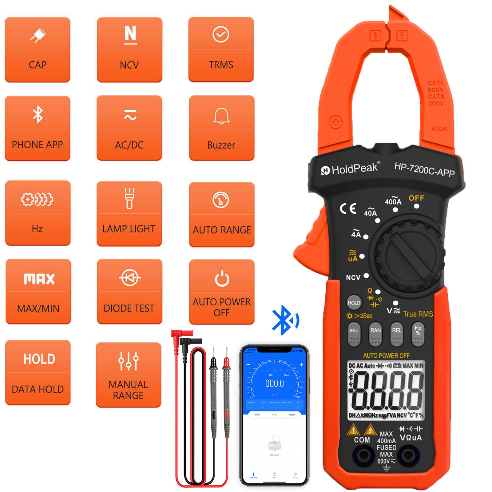 Digital TRMS Clamp Meter 600V AC/DC 400A 40MΩ 26mm 4000C Data Hold Backlight