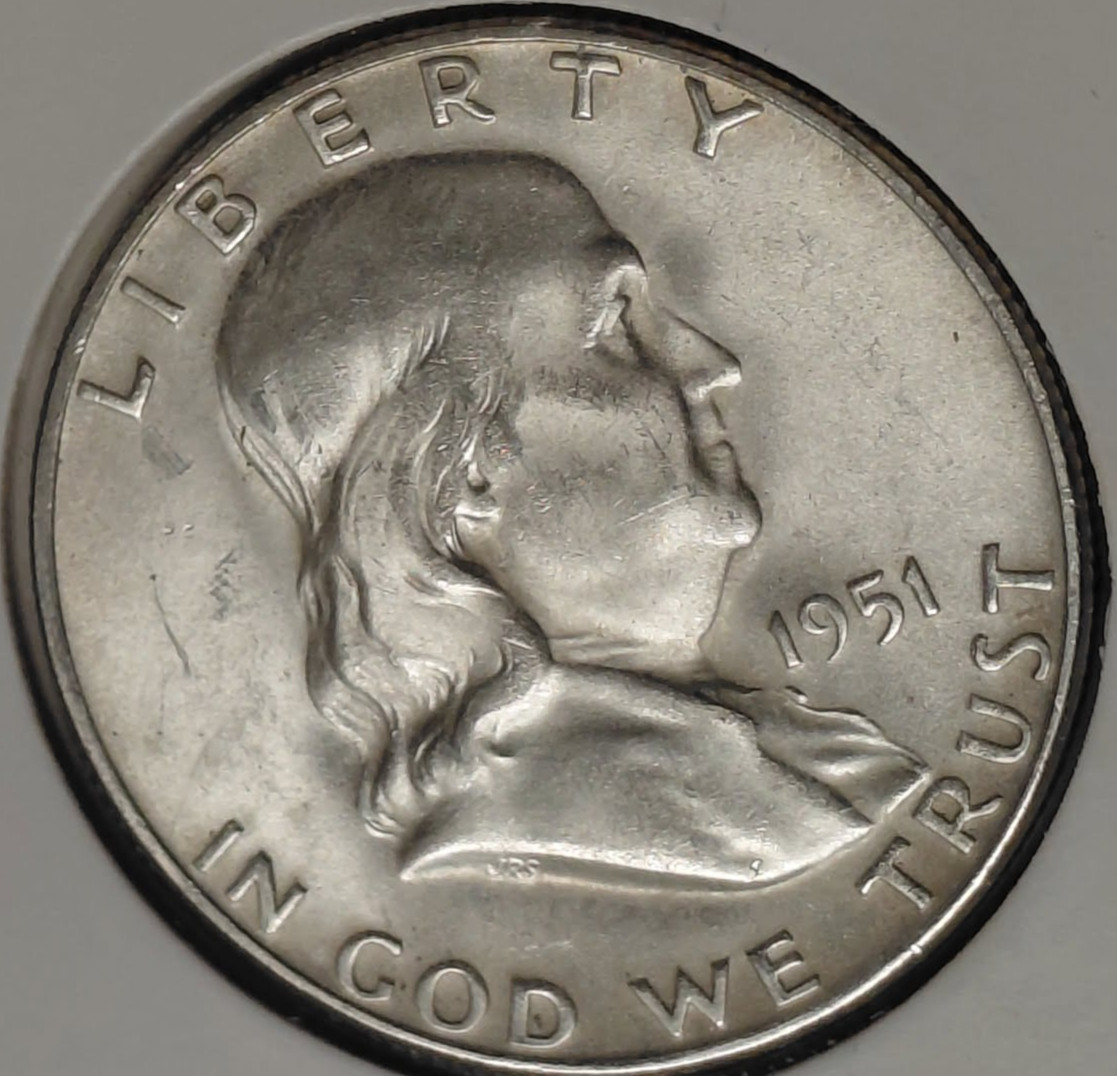 1951s UNC Silver FRANKLIN 1/2$ BLAST WHITE COIN