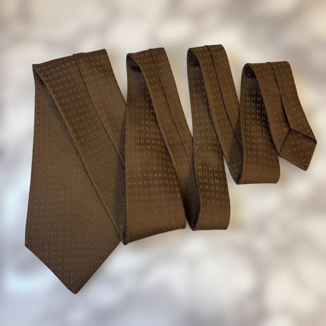 HERMES tie fasone brown H pattern embroidery all over