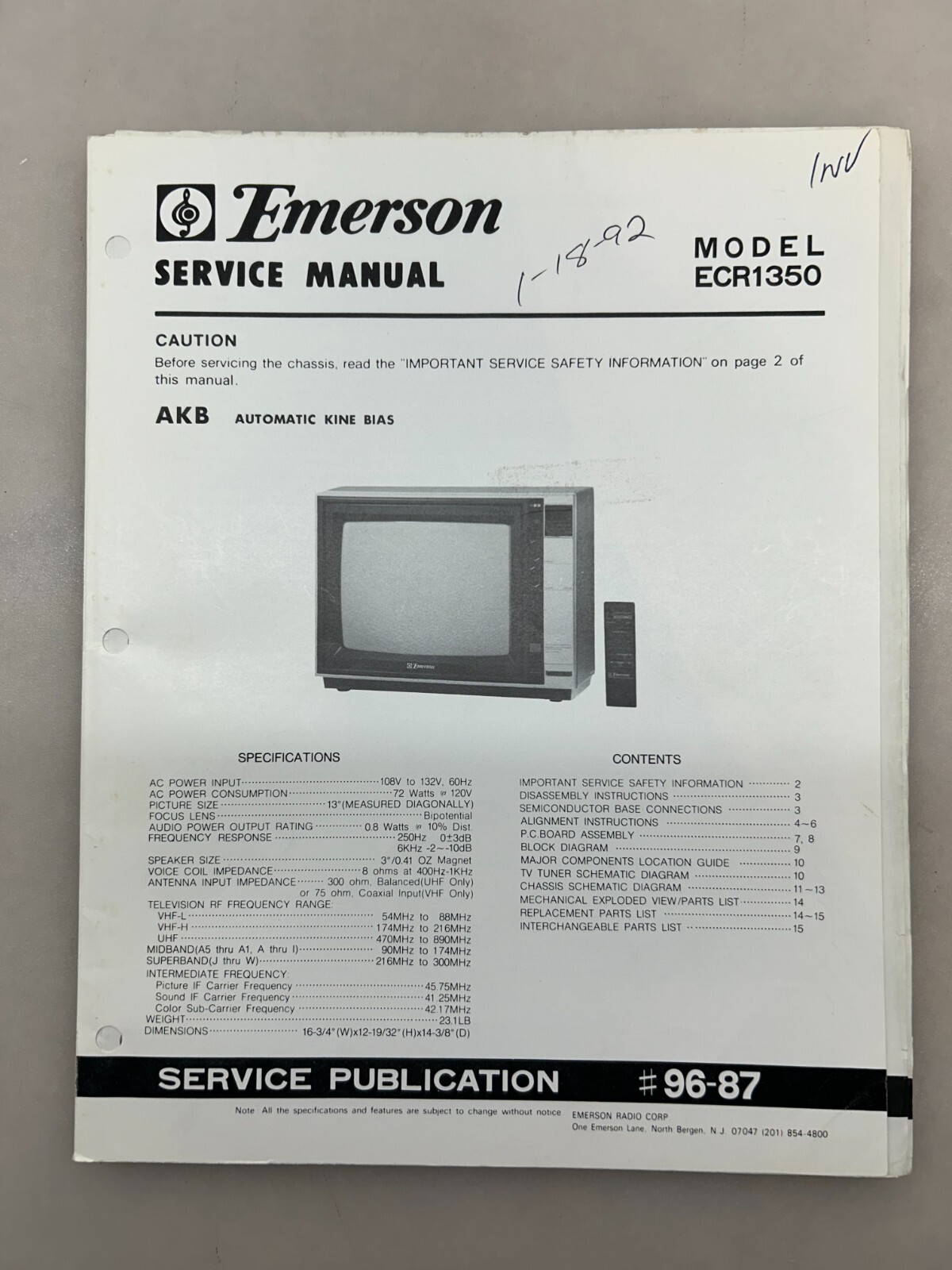 Emerson ECR1350 Original Service Manual Free Shipping