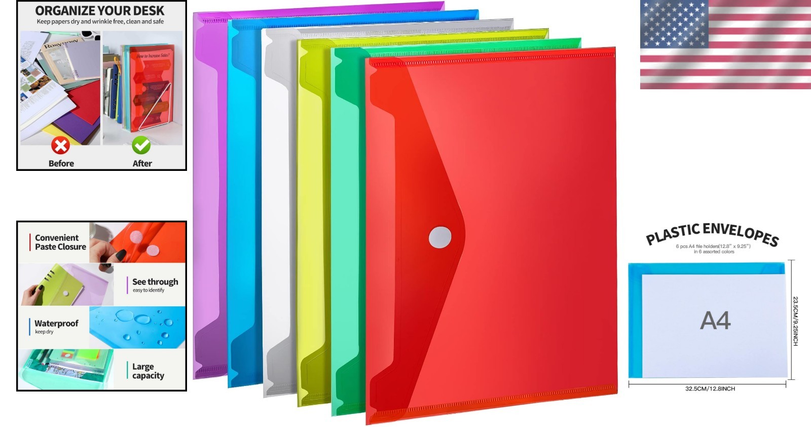 6-Pack Rainbow Plastic File Folders - A4 & Letter Size, Clear Design