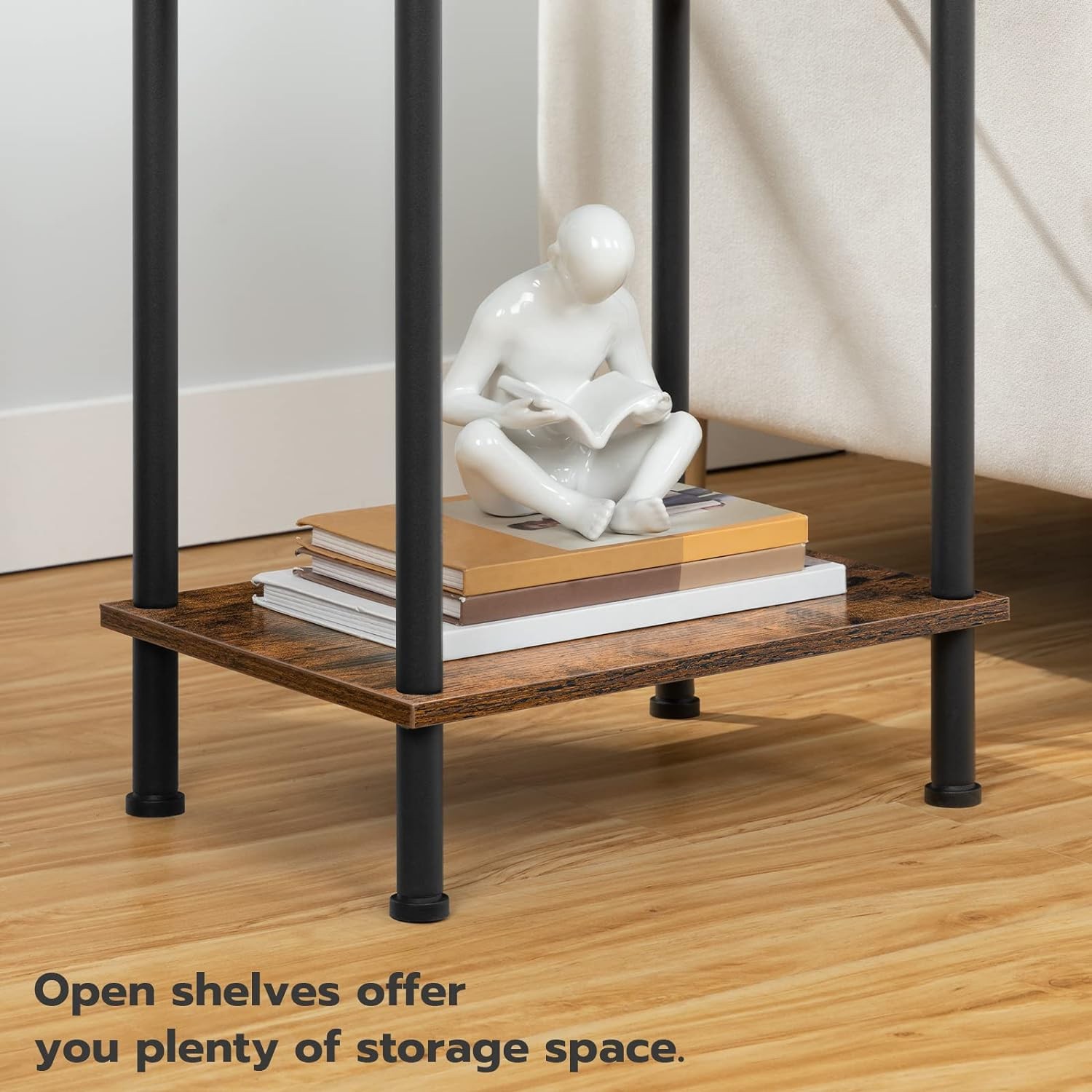 HOOBRO Side Table with Charging Station, End Rustic Brown + Black