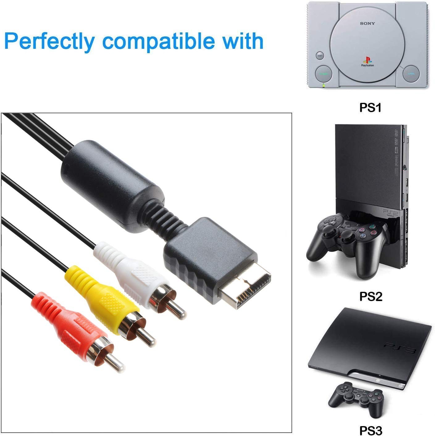Universal 6FT RCA AV Cable - Connect Your PS1, PS2, PS3 to TV & Monitor
