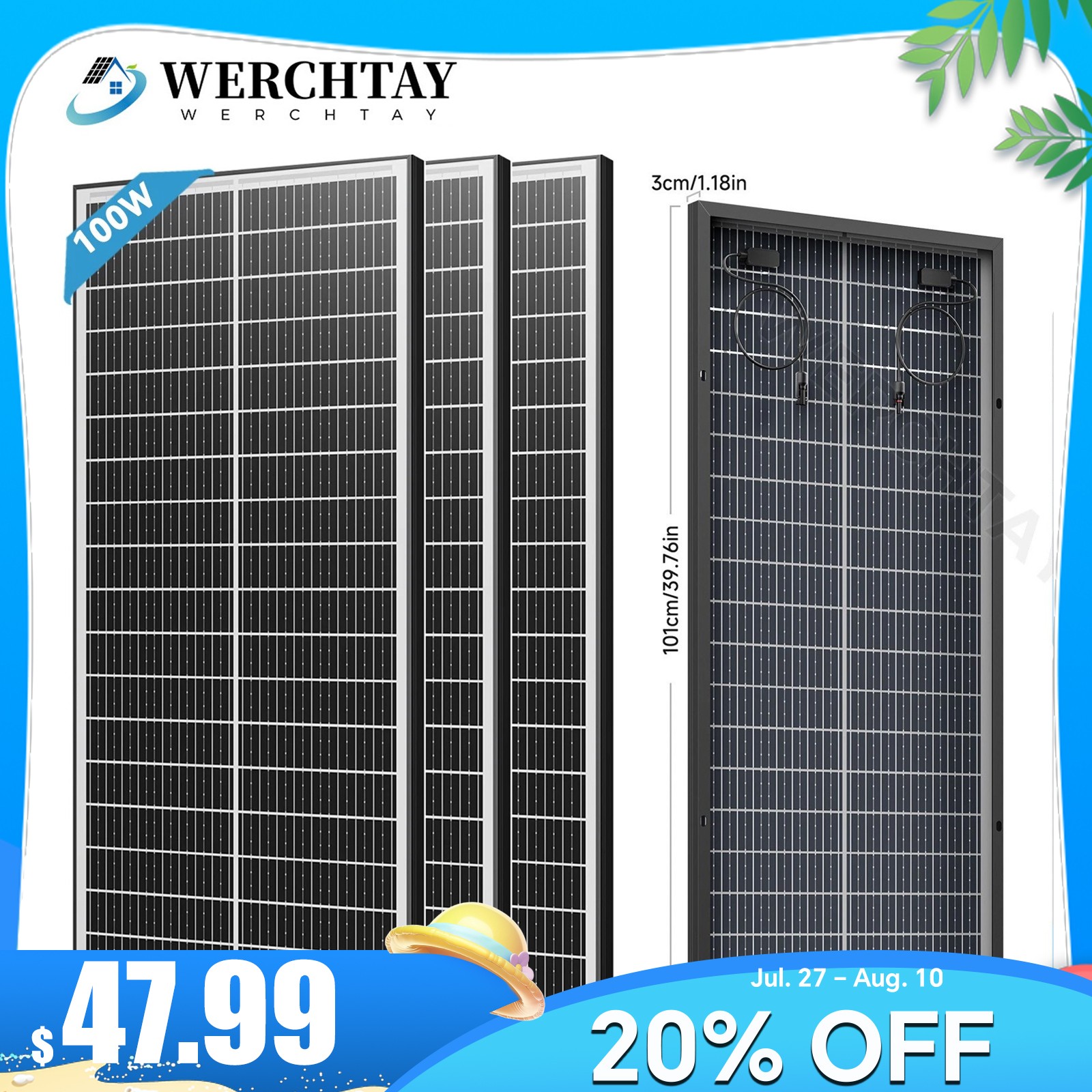 3Pc 100 Watt (300W) N-Type Bifacial Solar Panel 12V Mono Home PV Power Off-Grid