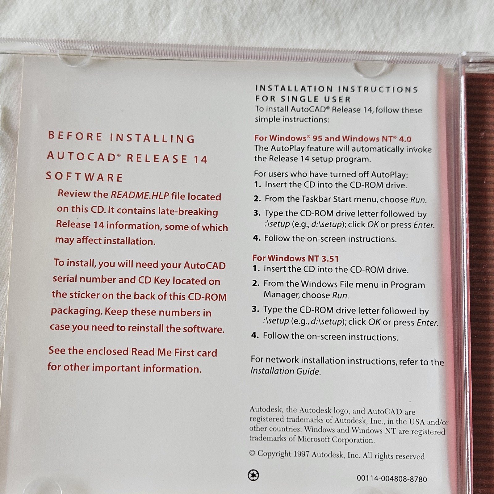 Autodesk AutoCAD Release 14 PC CD-ROM 1997 Windows 95 NT 4.0 3.51 Win