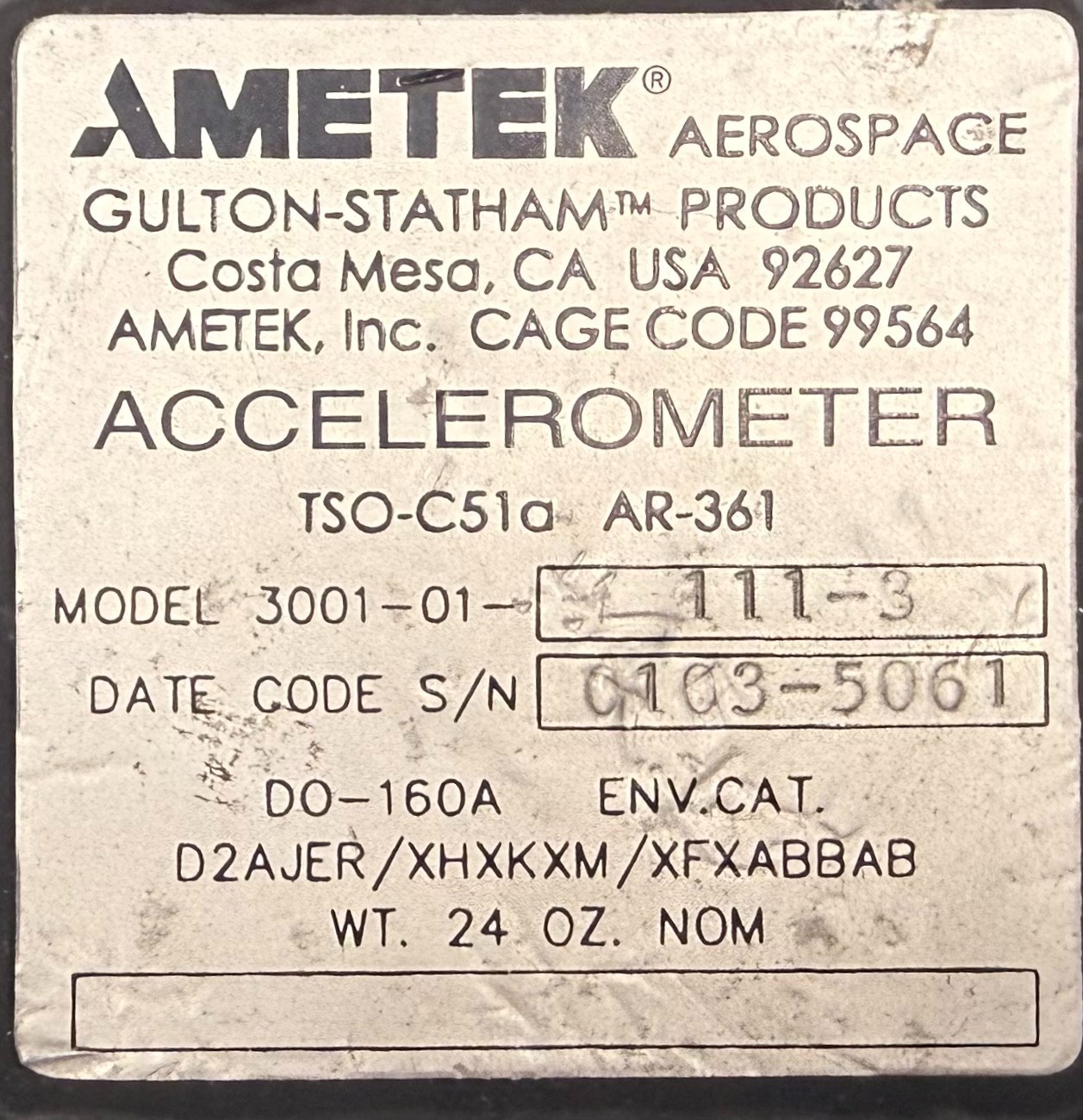 Accelerometer 3001-01-111-3 w/ May 2026 Tested 8130