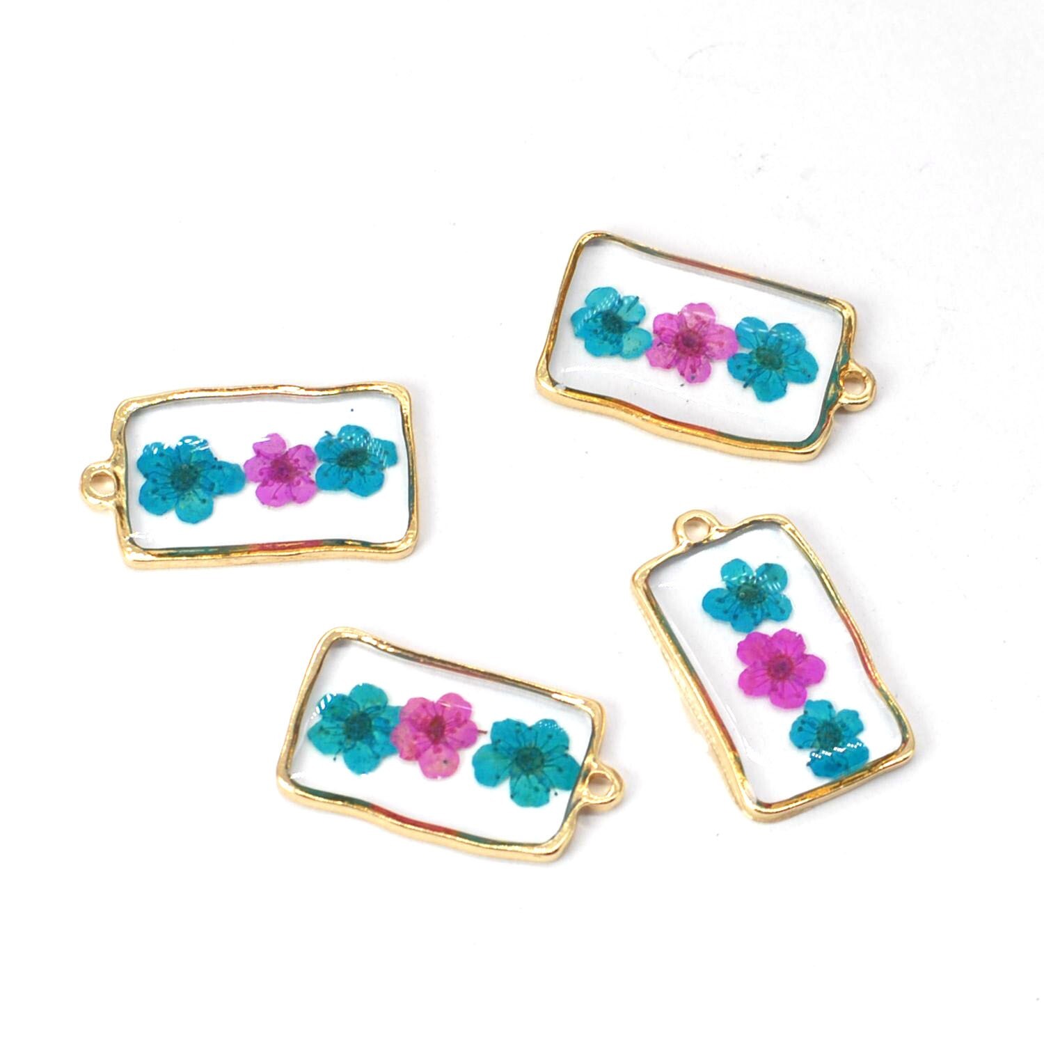Clearance 8PCS Gold Tone Dried Flower Resin Rectangle Charm Pendant GBY223