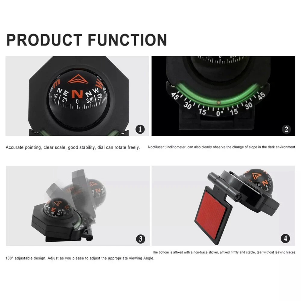 Adjustable Night Car Compass, Car Dashboard Compass Ball with Slope Meter