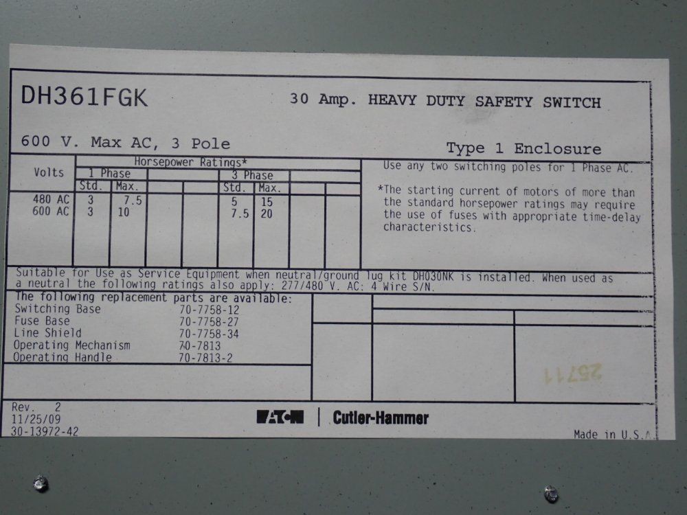 EATON HEAVY DUTY SWITCH 30 A 03260560040
