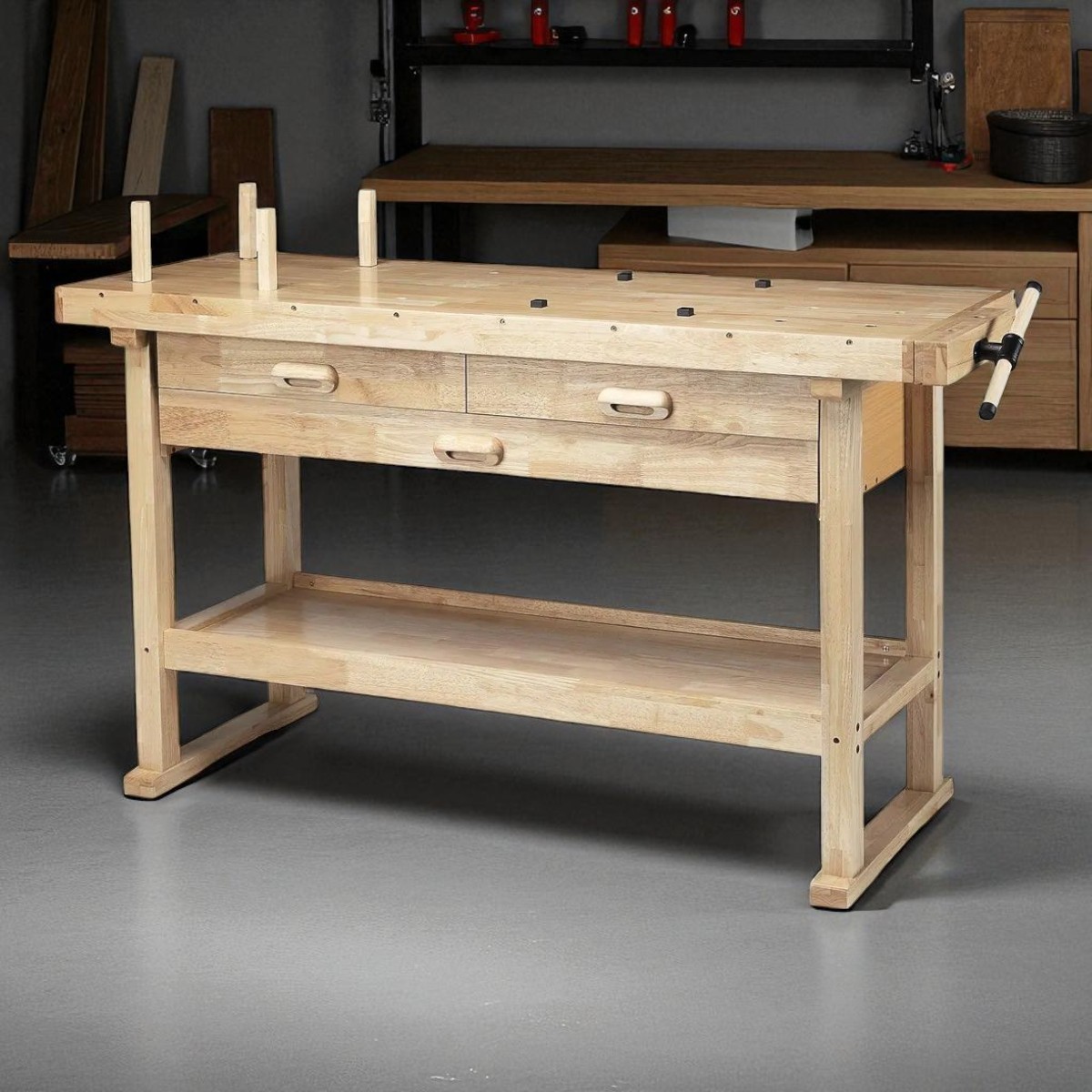 Workbench 60 in. 3-Drawer Hardwood Work Bench Wood Block Vise Anvil Pegs Storage
