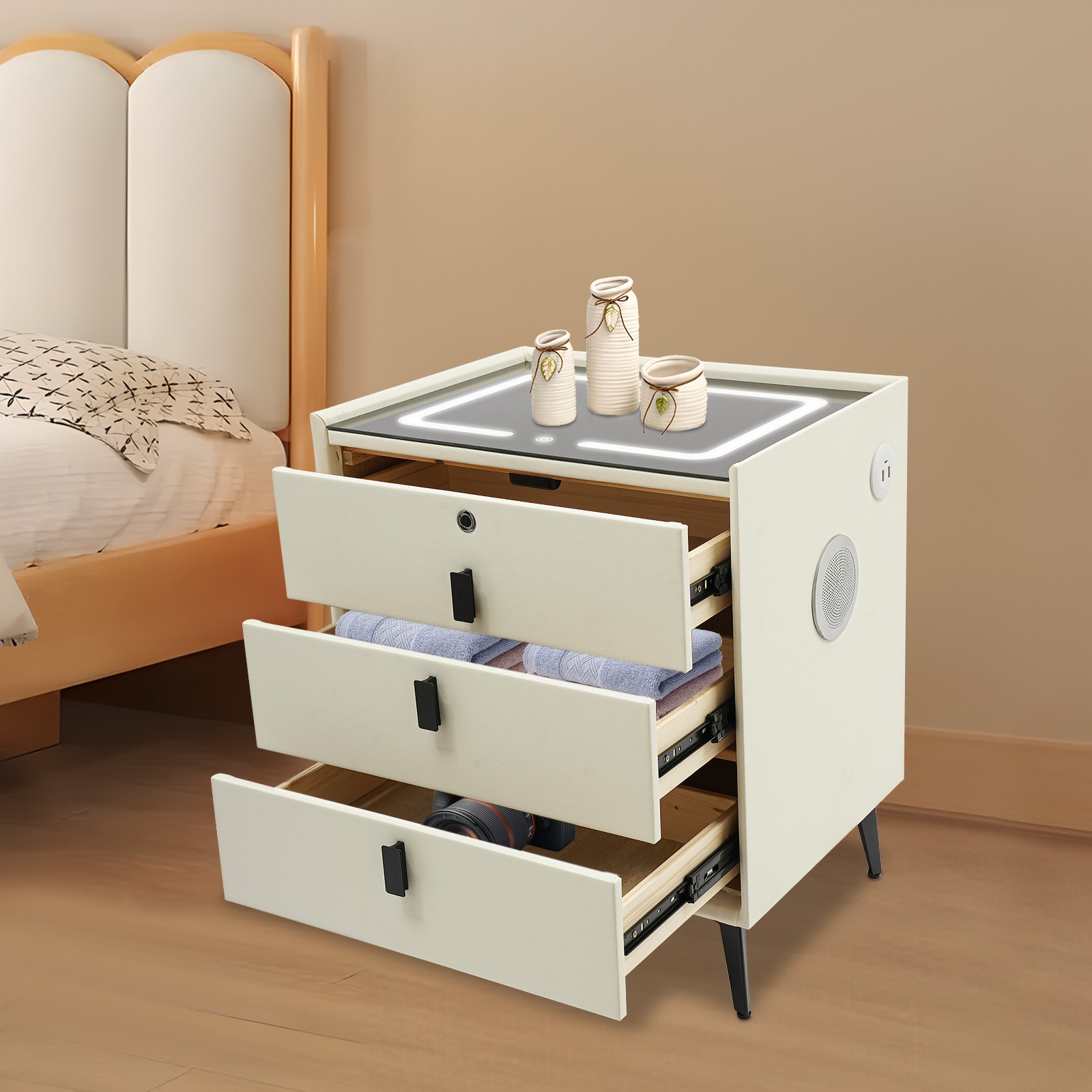 Bedside End Table Bedroom Nightstand with 3 Drawers & Fingerprint Lock