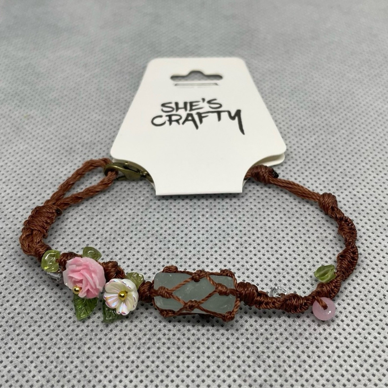Bohemian Crystal, Floral, Waxed Linen Adjustable Bracelet