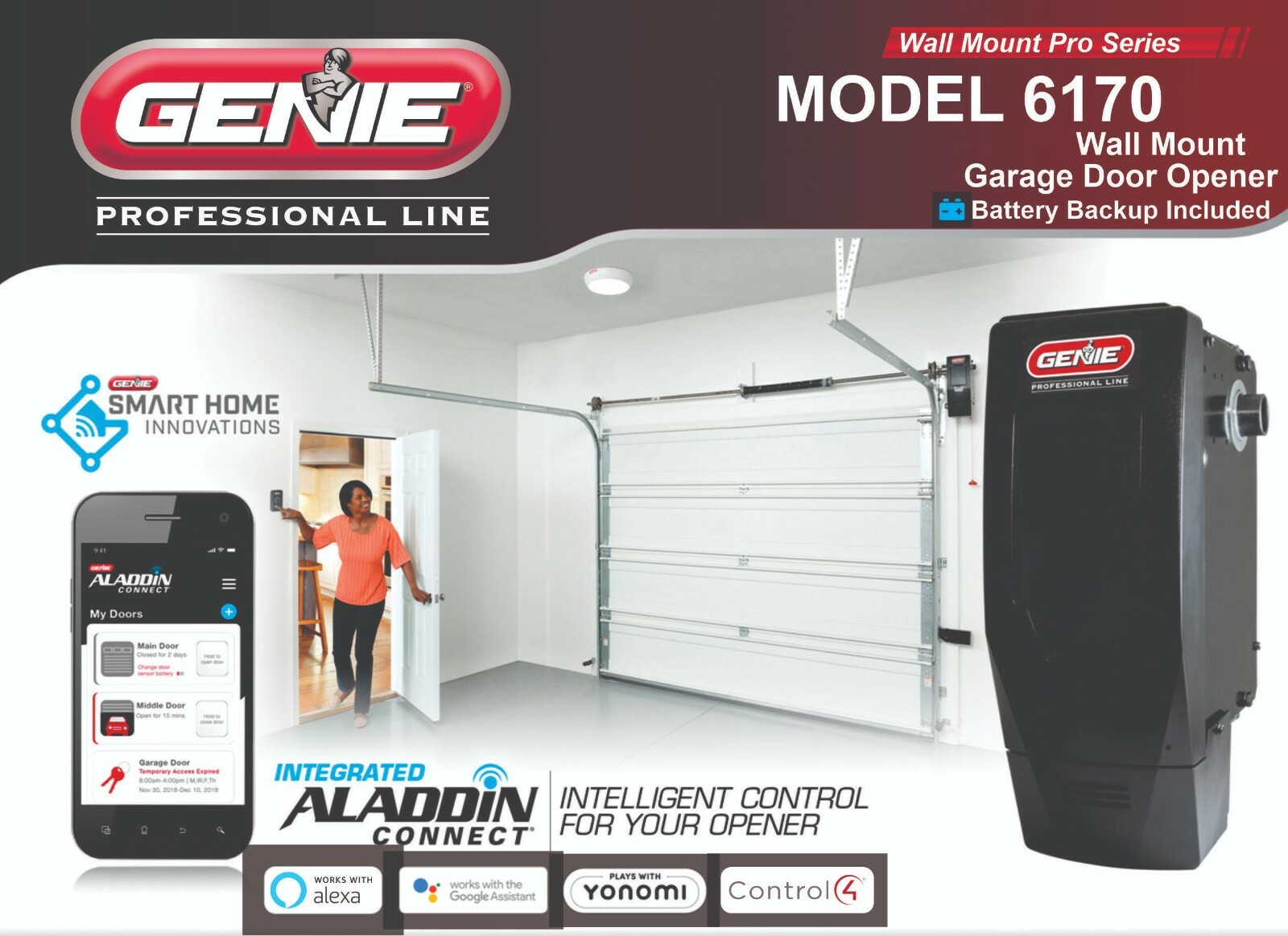 Genie 6170H-B Wall Mount Jackshaft Garage Opener Battery BackUp 2 Remotes Keypad