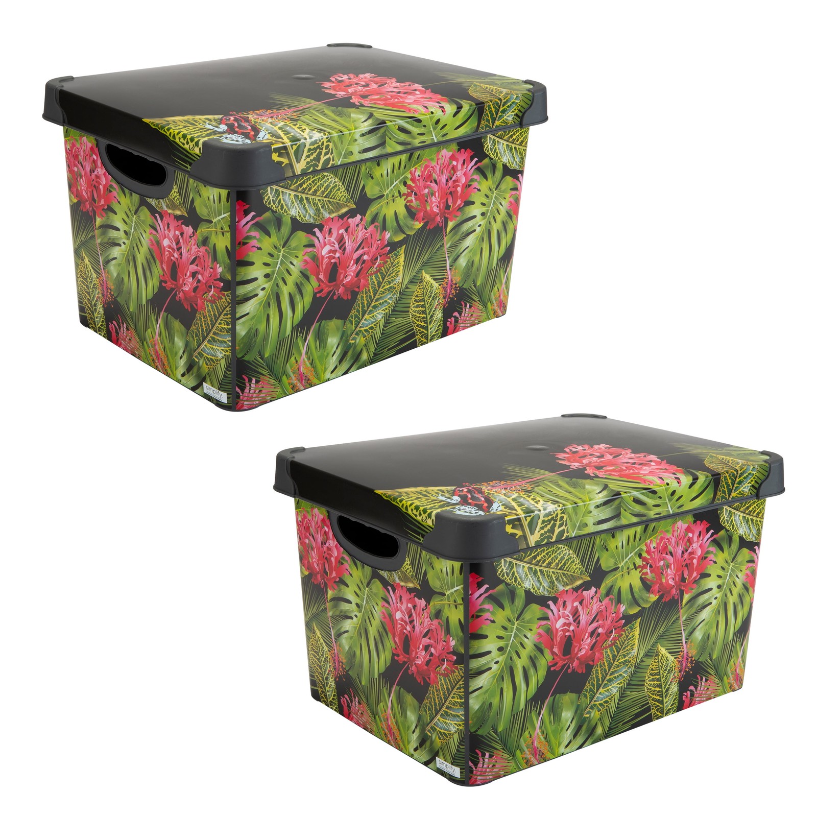 2 Pack Tropical Leaf Print Design Plastic Storage Bin, Black