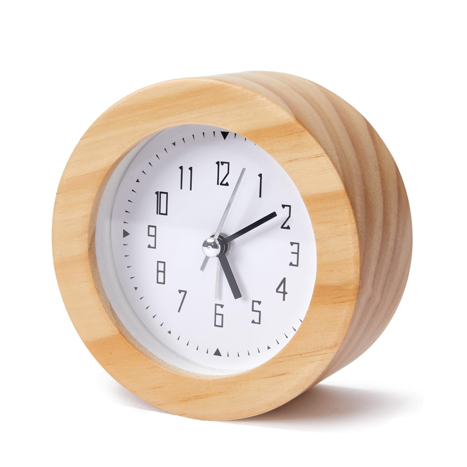 4 Inch Natural Wooden Analog Alarm Clock Silent Non-Ticking Desk Clock Light