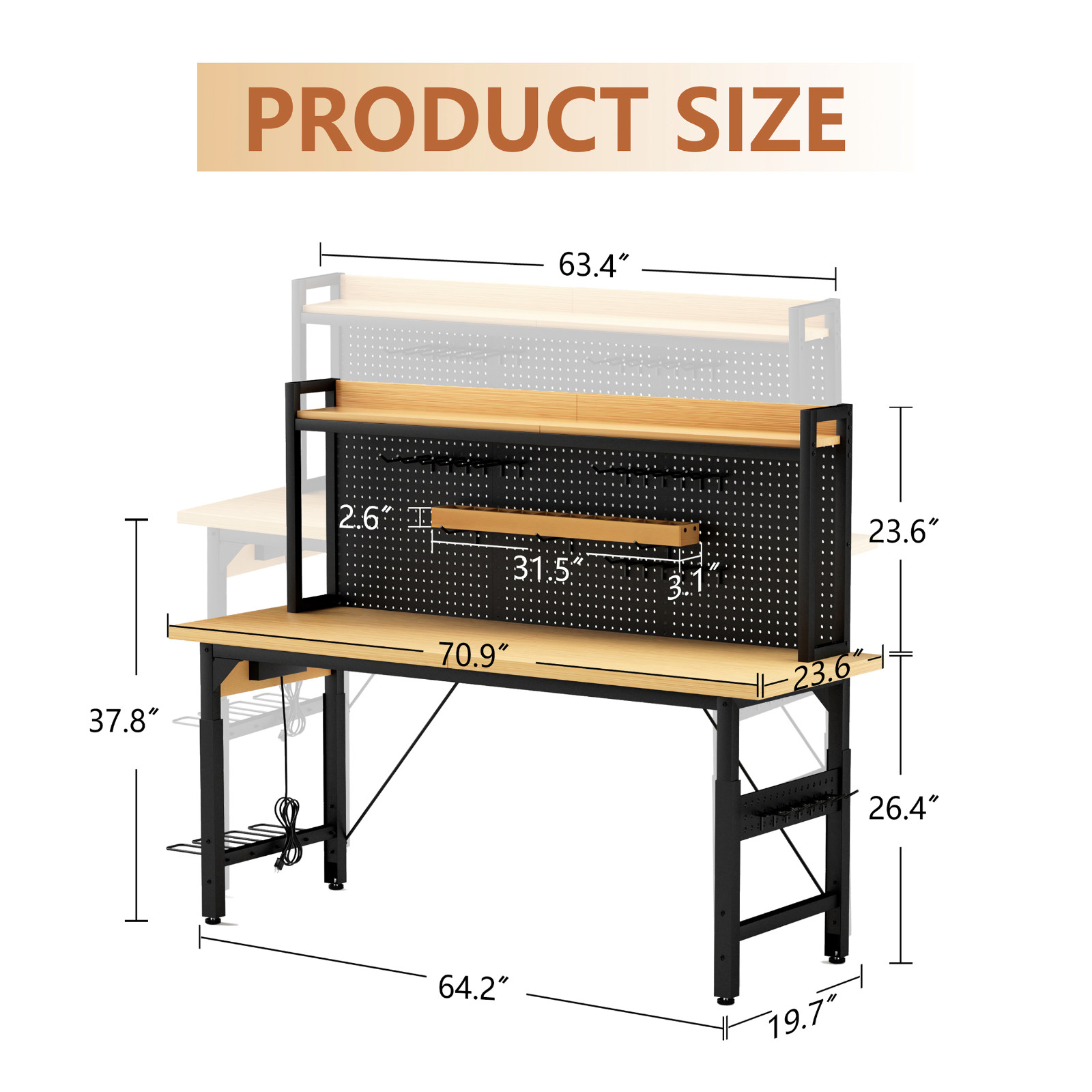 Heavy Duty Adjustable Workbench w/Pegboard, Wheels, 1600lb Capacity, AC Outlet