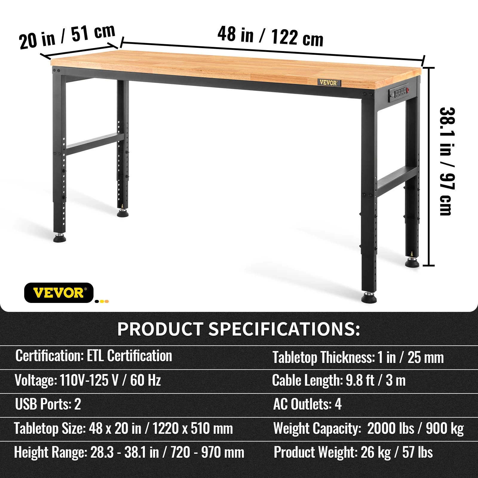 72cm Woodworking Workbench Adjustable Height Oak Wood Hardwood Top Work Table