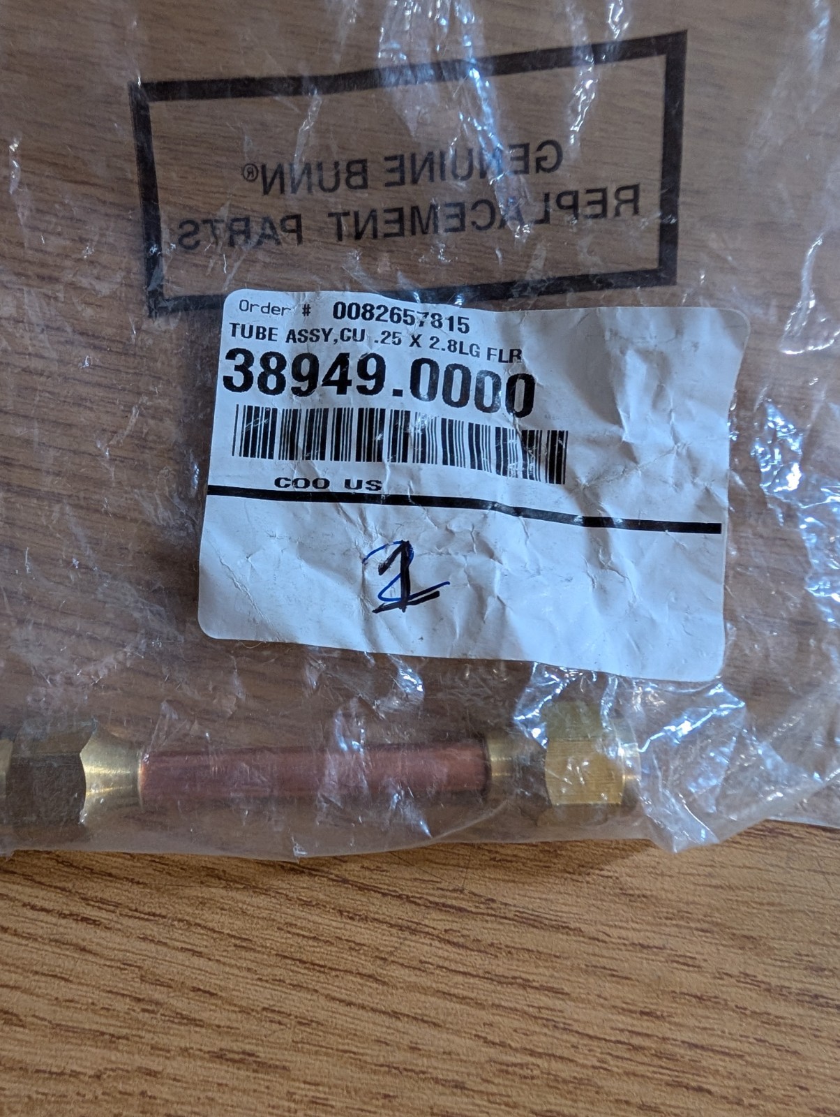 Bunn 38949.0000 Tube Assembly, Bulkhead to Strainer, .25" x 2.8" Long, DUAL/ITB/