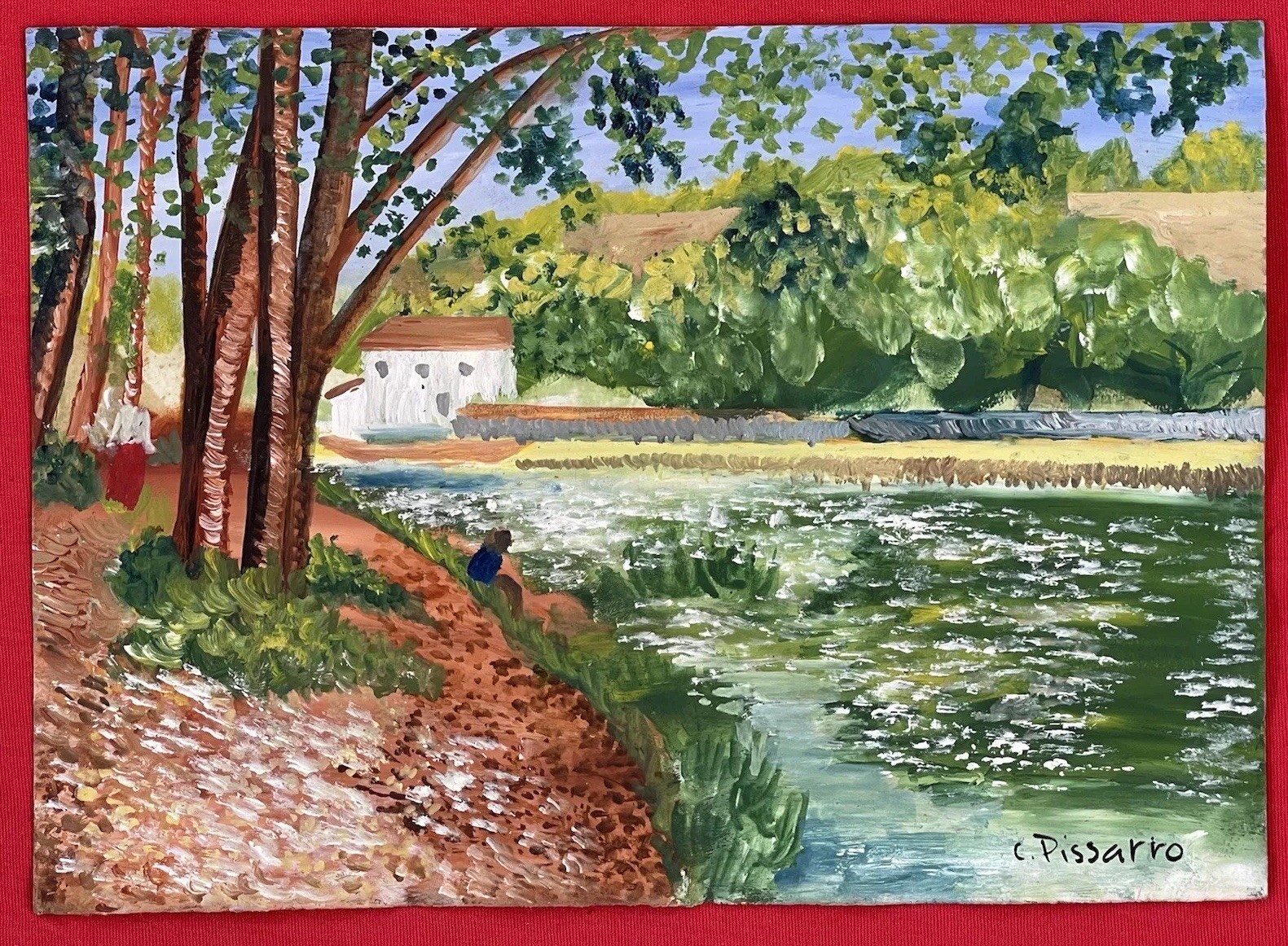 Camille Pissarro (Handmade) Oil Drawing On old Paper Signed & Stamped, Vtg Art