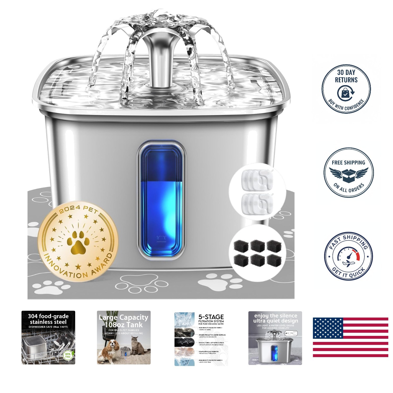 Elegant 108oz Stainless Steel Cat Water Fountain with 6 Filters & Mat - BPA-Free