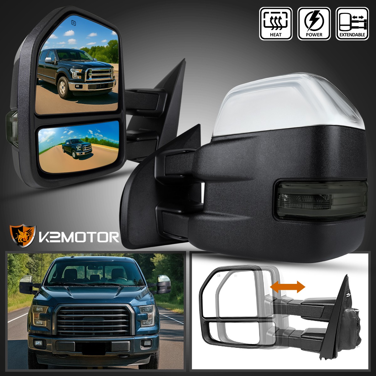Fits 2015-2020 Ford F150 Chrome Tow Mirrors Power Heated+Smoke LED Signal 8Pin