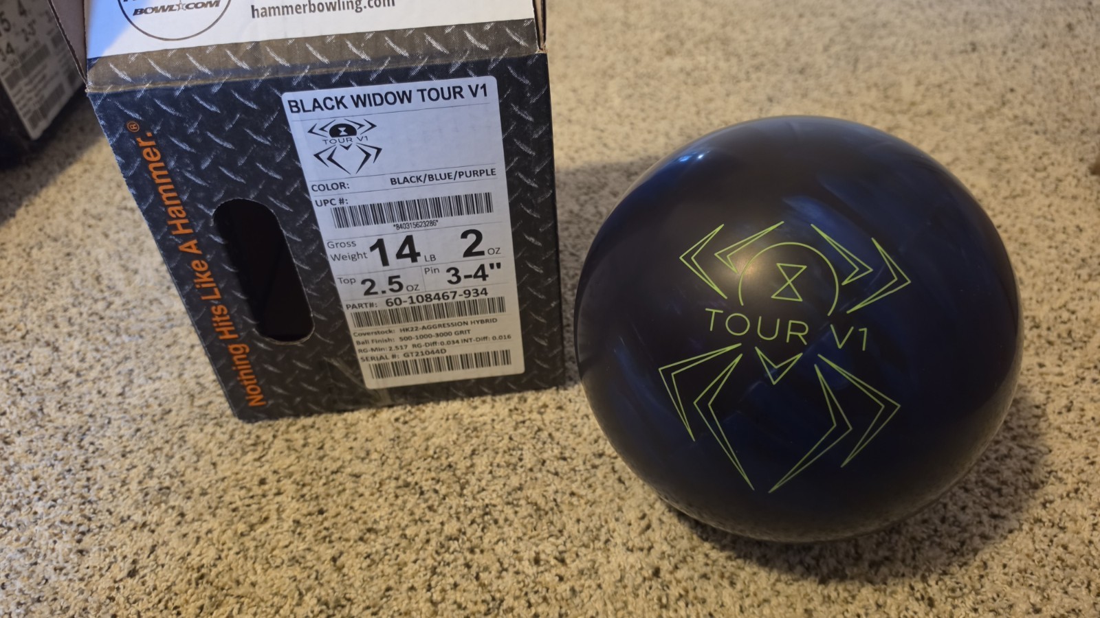 Hammer Black Widow Tour V1 Bowling Ball 1st Quality | 14 Pounds | 3-4" Pin