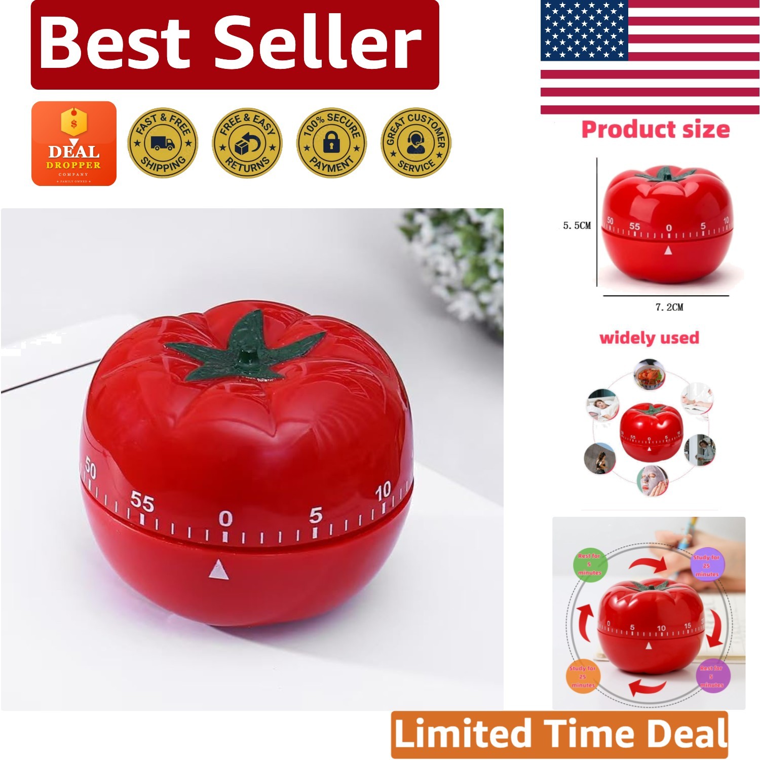 Charming Red & White 60-Minute Mechanical Kitchen Timer - No Batteries Needed