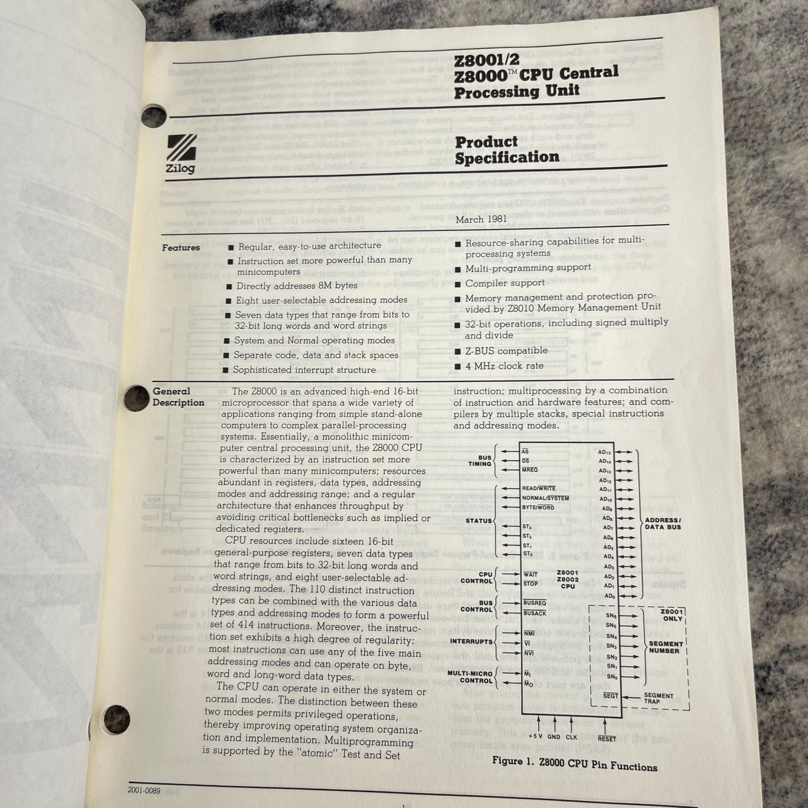Zilog Z8001/2 Z8000 CPU Central Processing Unit Product Specification March 1981