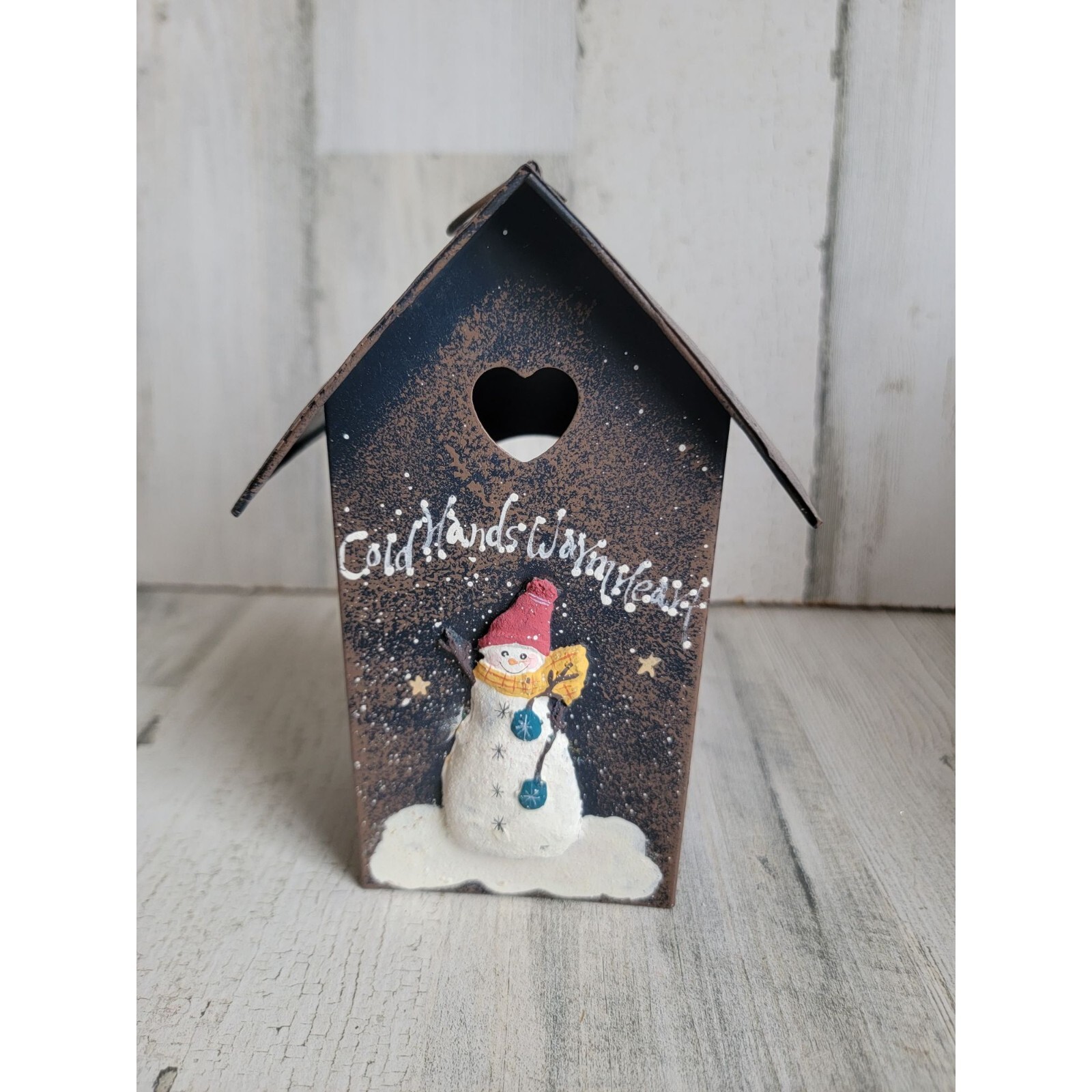 Metal birdhouse tea light holder cold hands warm heart Snowman