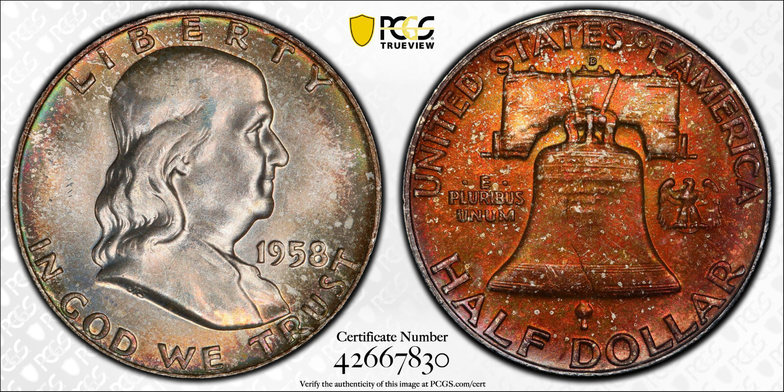 1958-D Franklin Silver Half Dollar 50C PCGS MINT STATE 67 MS 67 CAC RARE
