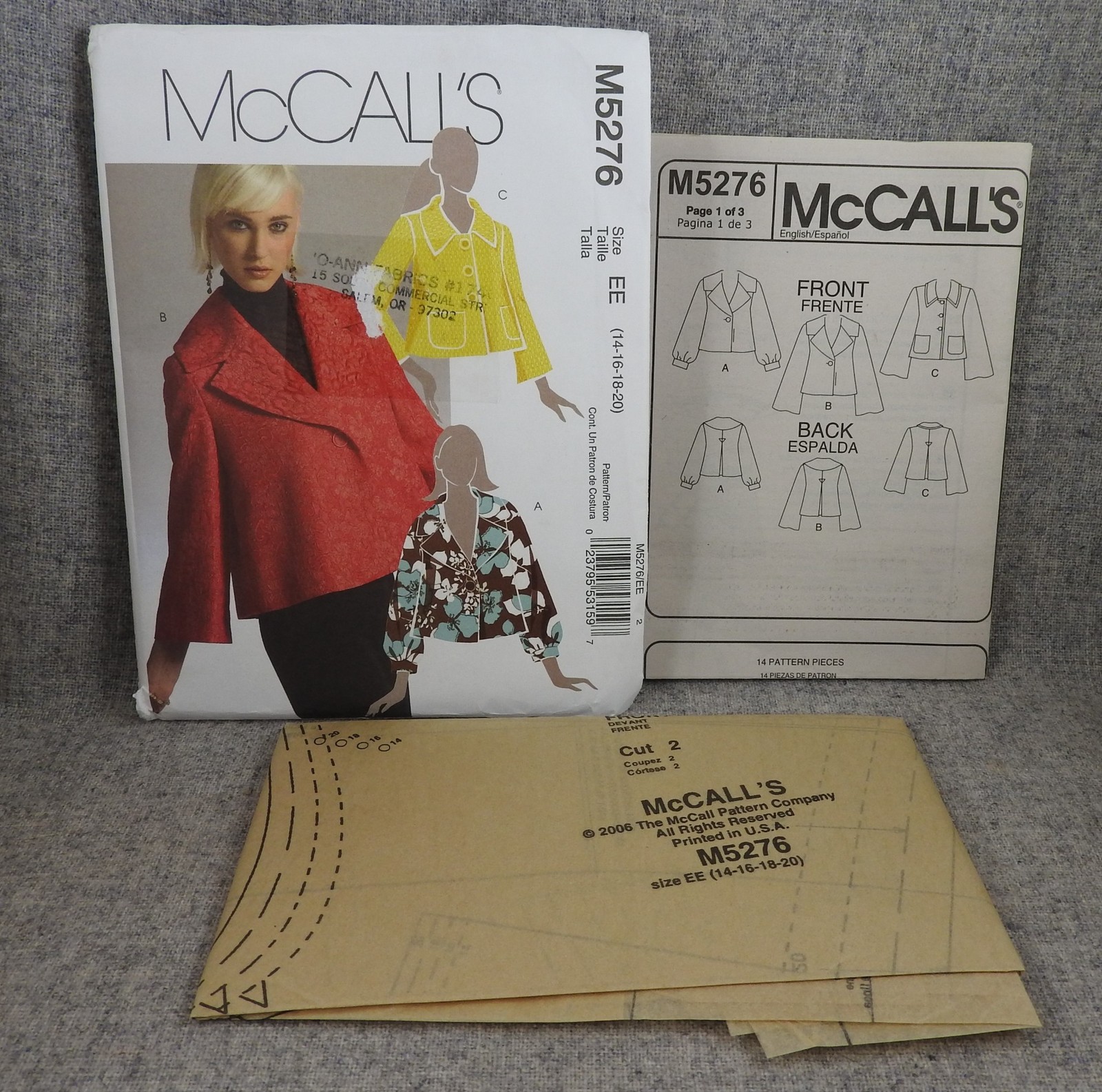 McCalls 5276 Misses Jacket unlined collar pockets size 14-20 Plus Uncut