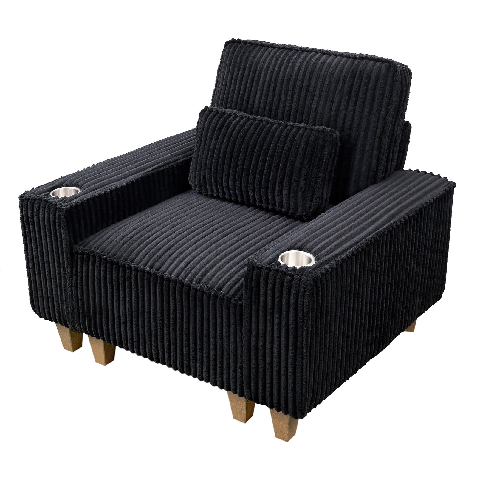 Black Corduroy Deep Seat Armchair with Cup Holder Pillow for Living Room