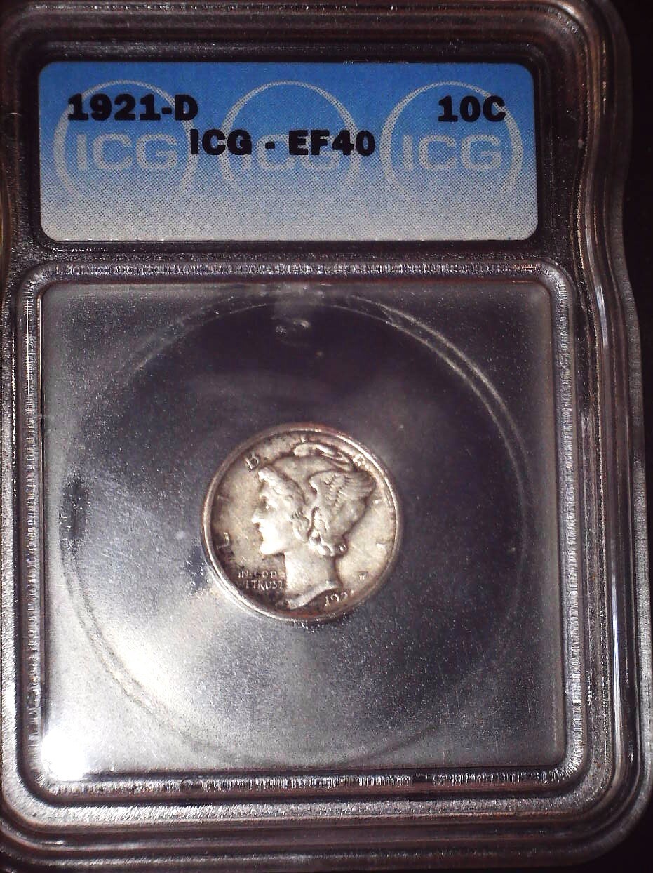 1921-D  Mercury Dime, ICG, EF40, KEY Date, Issue Free