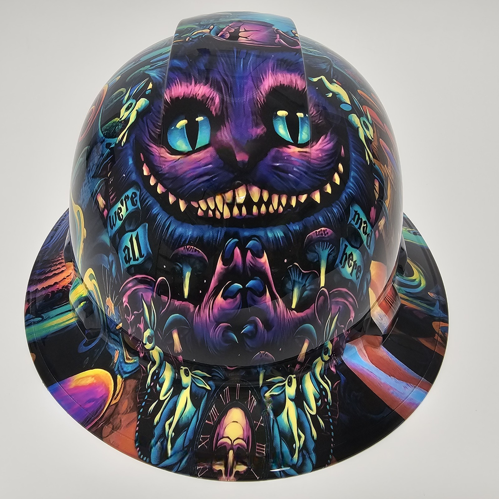 full brim hard hat custom hydro dipped IN WE ARE ALL MAD HERE CHESHIRE CAT  NEW