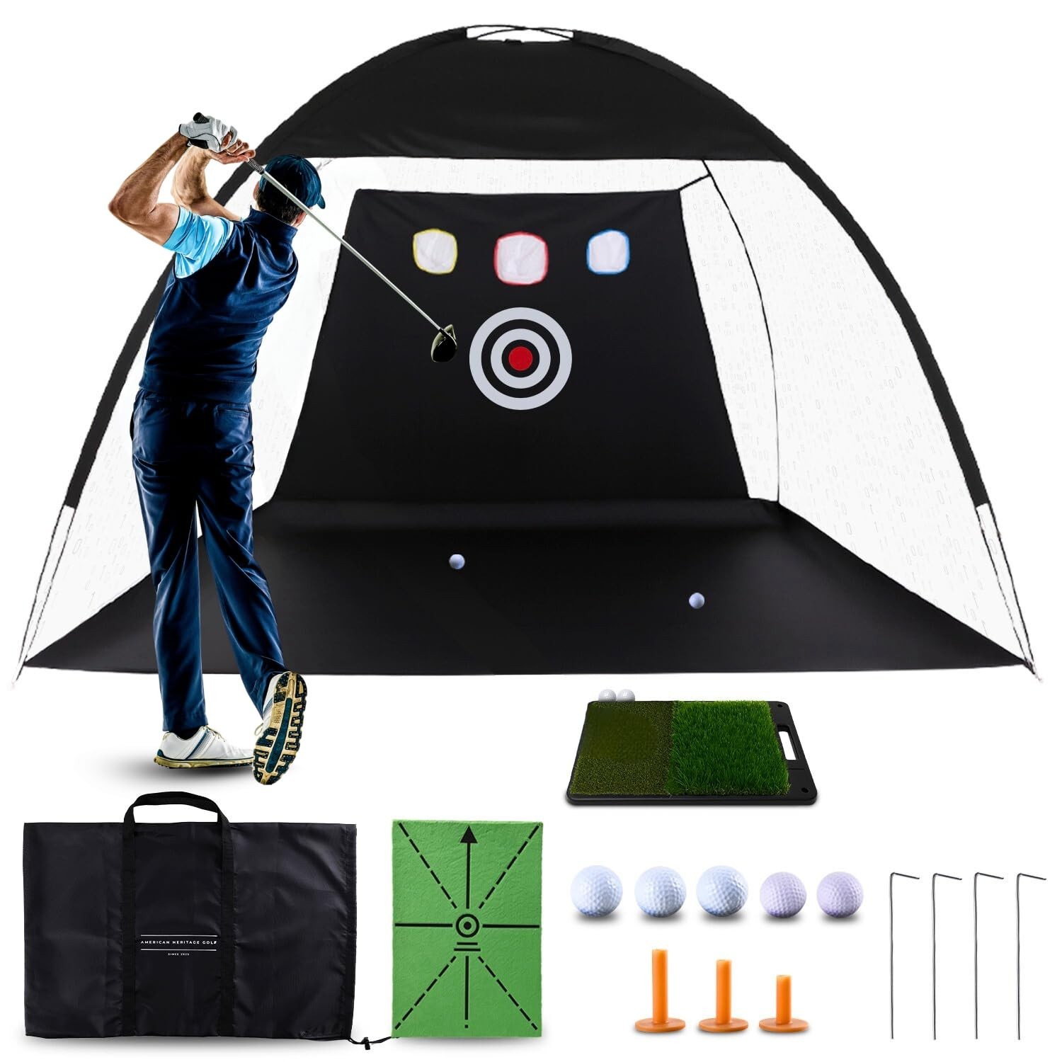 Golf Practice Net with Dual Mats, 3 Tees & 5 Balls – Golf Training Net for