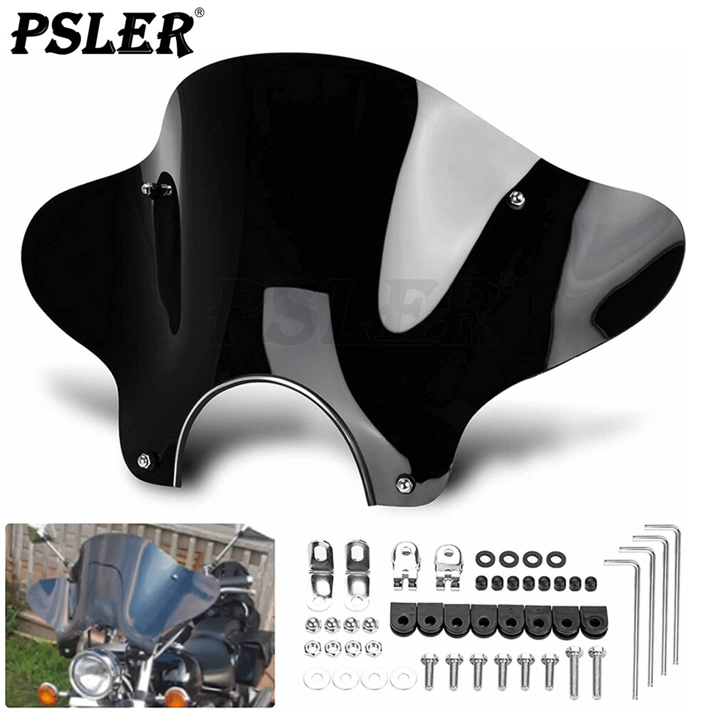 Universal Motorcycle 7/8" Cruiser Windshield Windscreen with Mounting Kit Black