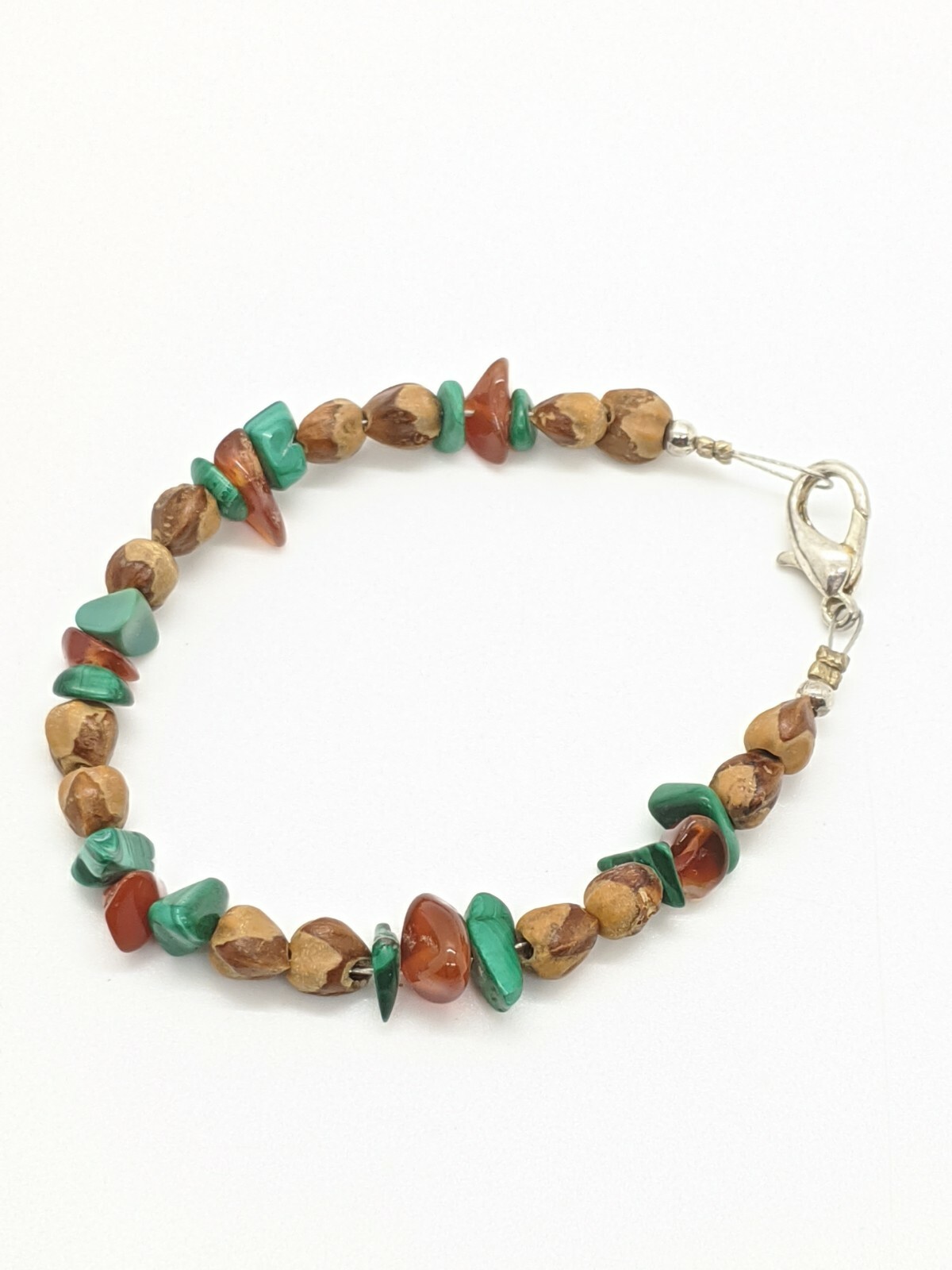 Artisan Silver Tone Green Malachite Brown Seed Pod Bracelet