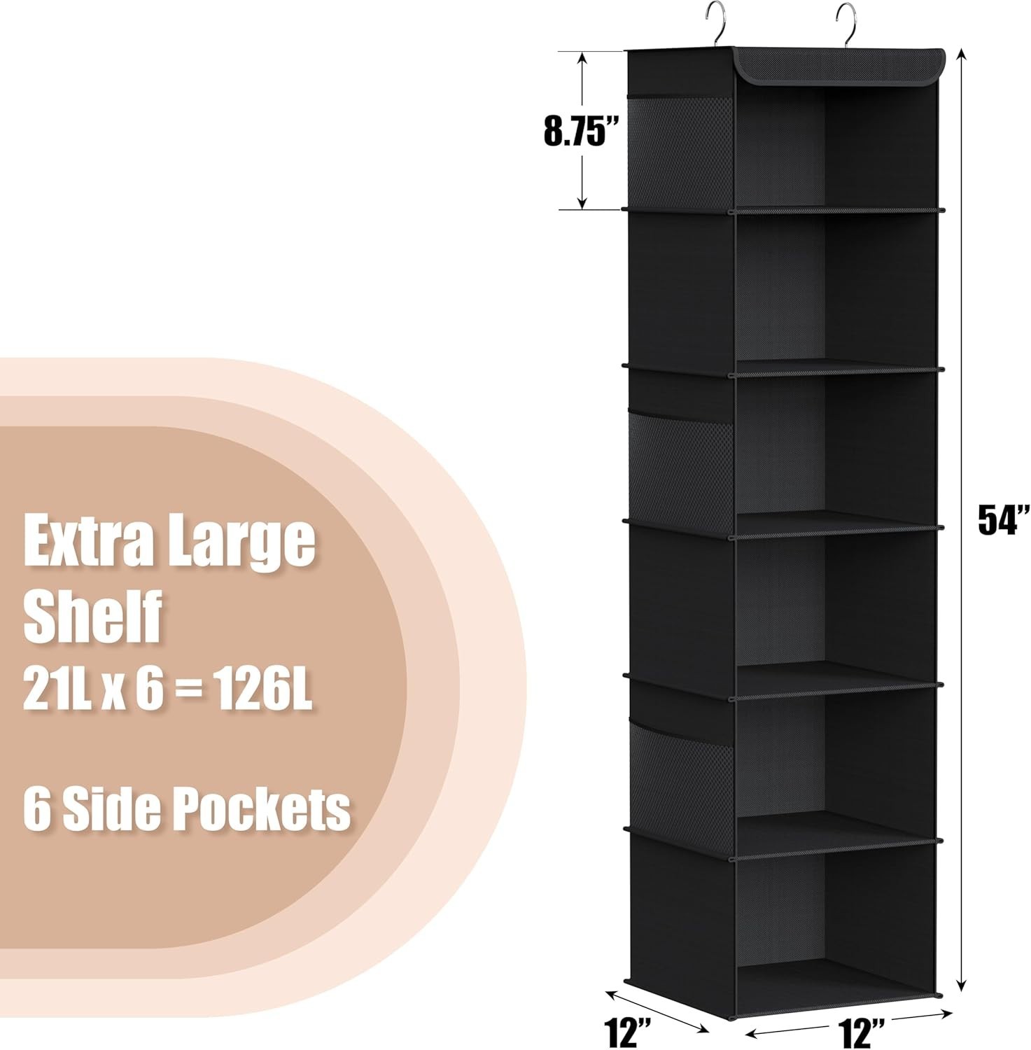 6 Shelf Hanging Closet Organizer, Black
