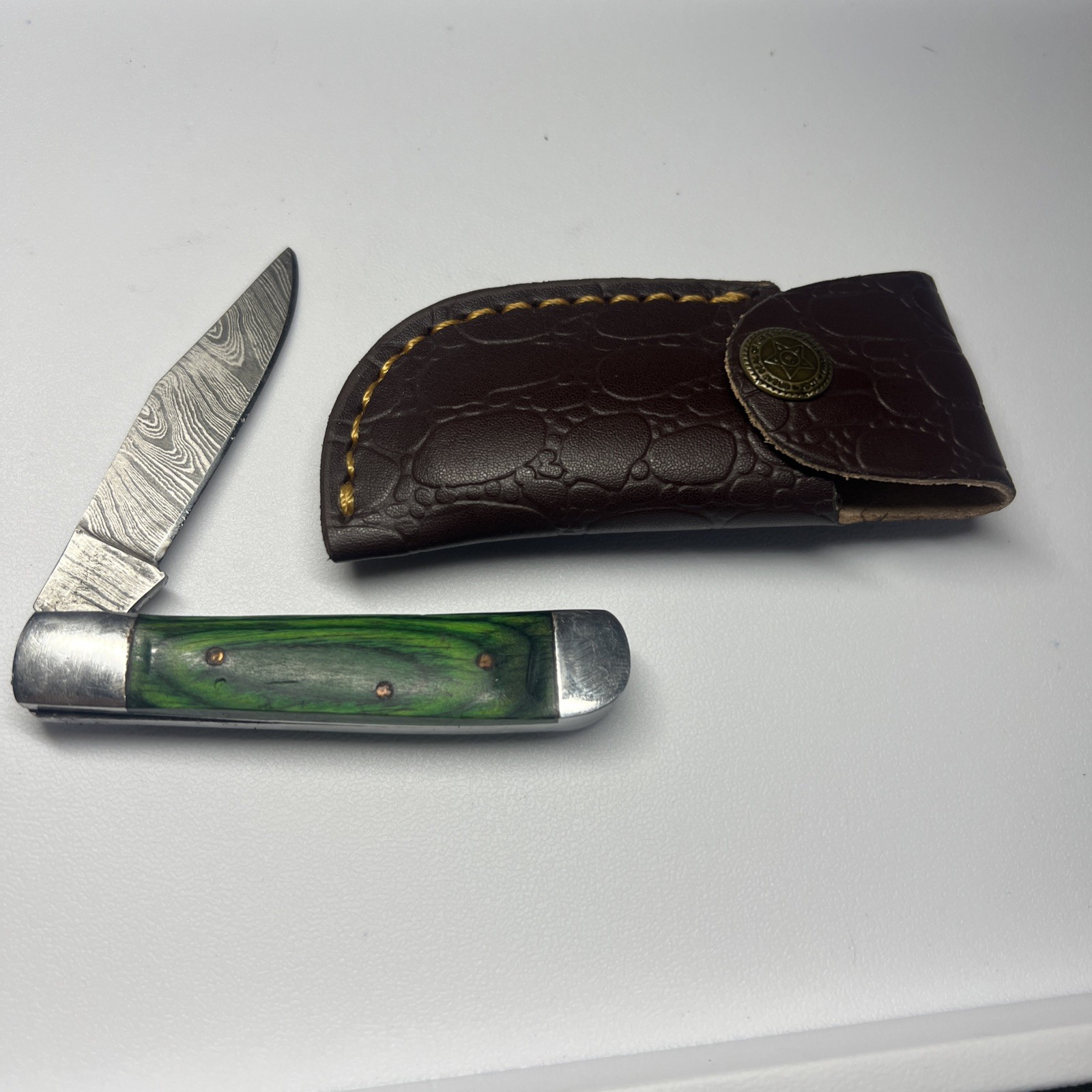 MHS Cutlery Hand Forged DAMASCUS Steel Folding Knife W/Sheath Lot 118