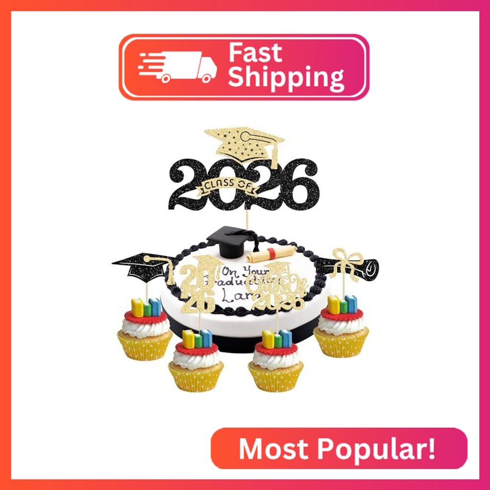Ephlyn 25Pcs Class of 2026 Cake Topper Glitter Congrats Grad Cap 2026 Graduation