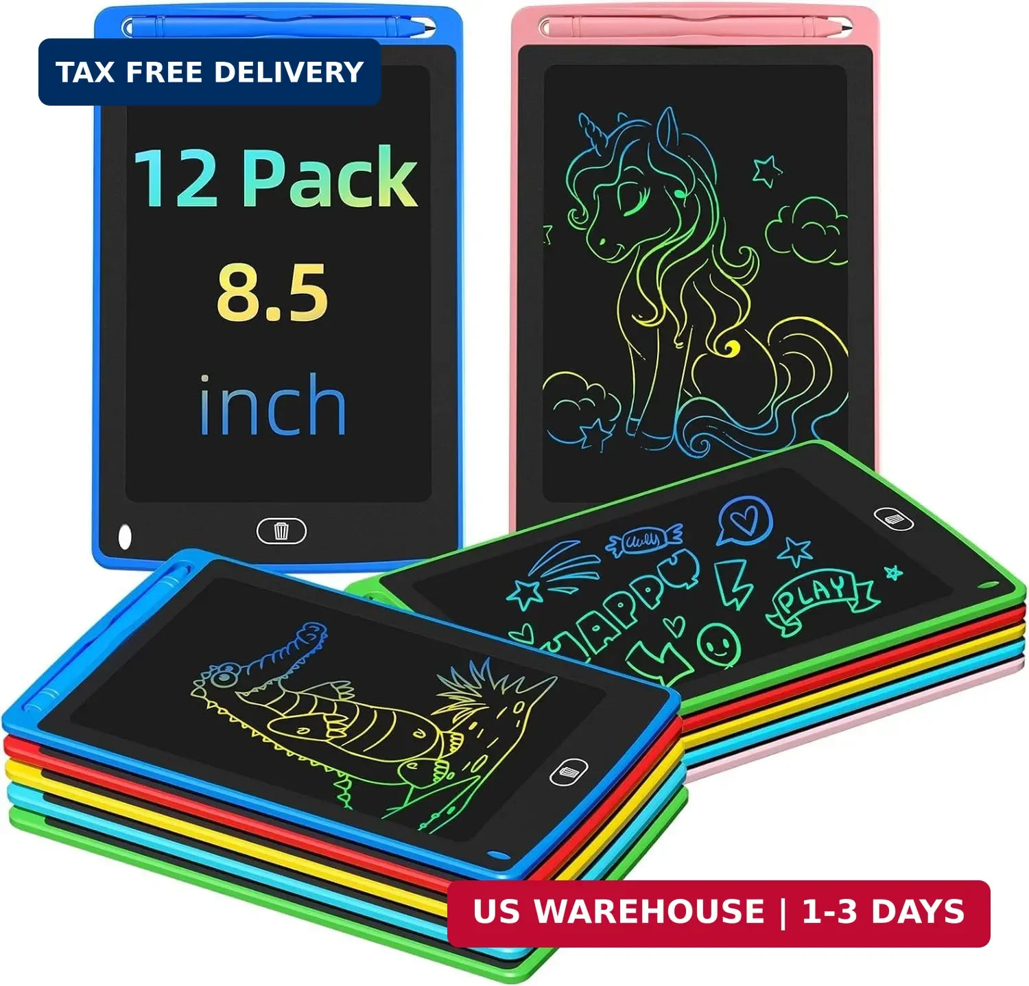 Party Favor 12 Pack LCD Writing Tablet for Kids, 8.5 Inch Colorful Drawing Doodl